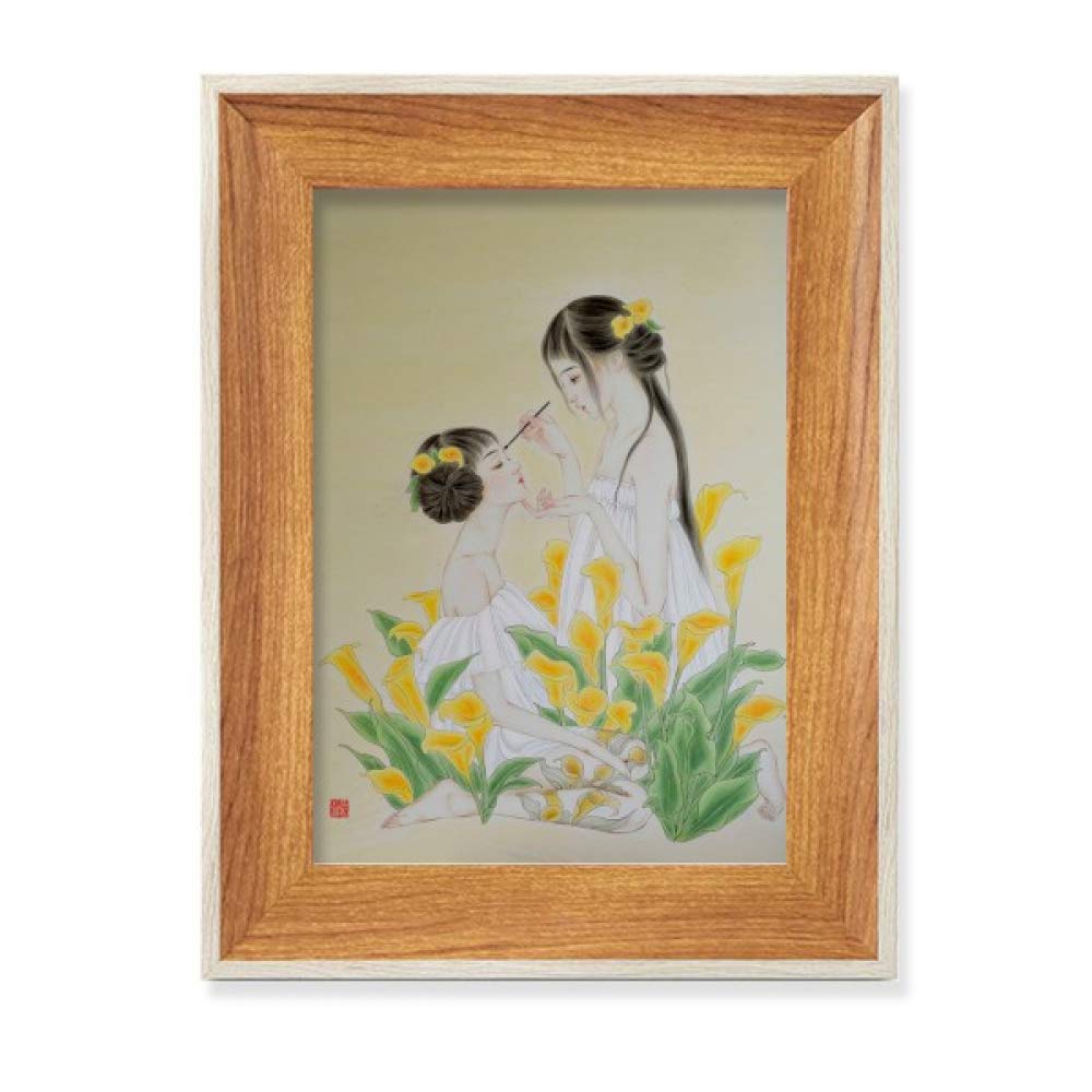 Peinture chinoise tableau art fleur jaune avec cadre photo en bois