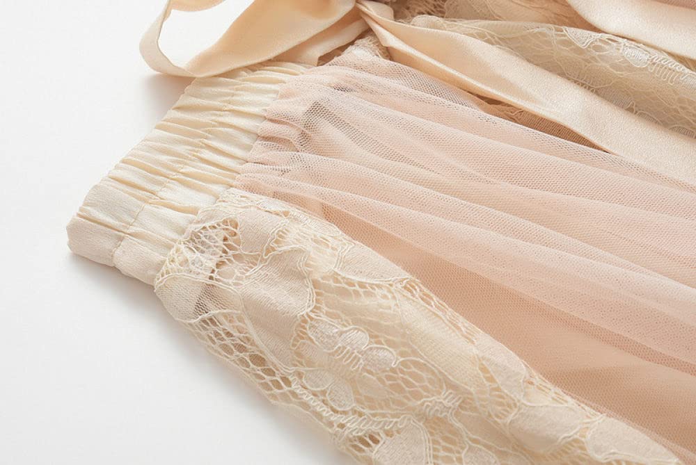 Röcke,Damen Maxirock Beige Elastische Hohe Taille Spitze Spleißen Tüll Faltenrock Süße A-Linie Geraffte Geschichtete Elegante Lange Röcke Für Mädchen Damen,S