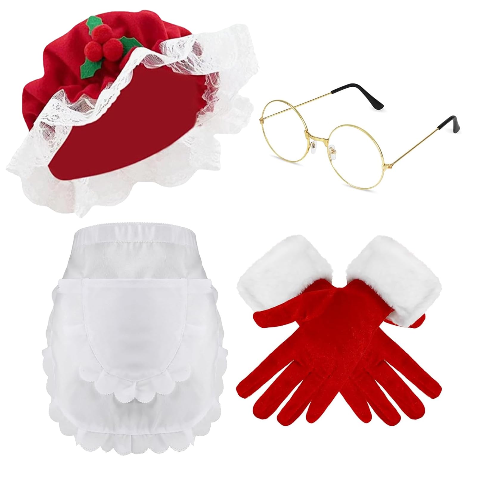 Maryparty Mrs Santa Claus Costume Women Christmas Costume Women Christmas Santa Hat with Red Gloves Santa Gloves Xmas Apron Gold Santa Glasses for Santa Outfit