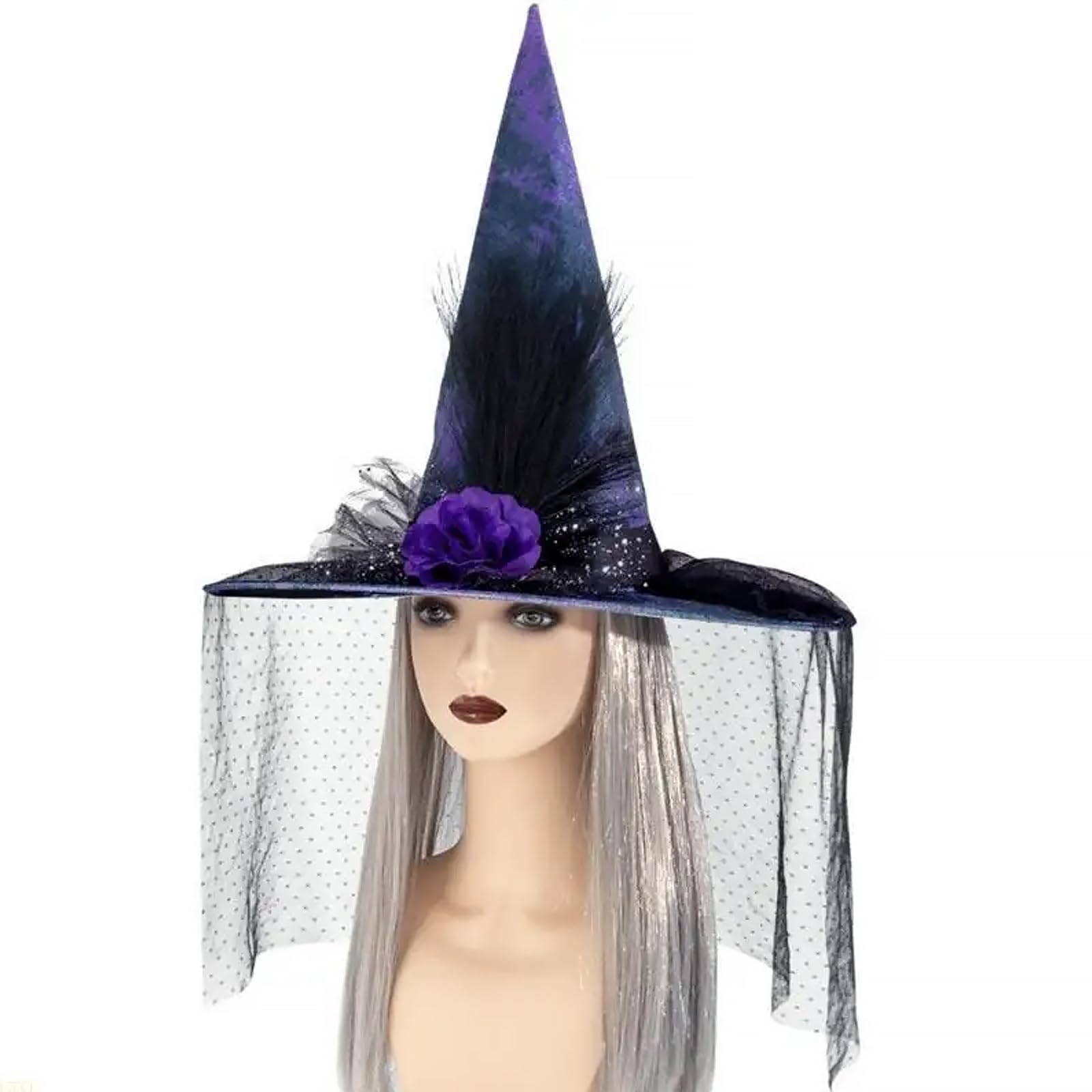 Gothic Mesh Purple Witch Hat Halloween Unisex Adult Witches Hat with Veil and Glitter Gauze & Floral Fancy Dress Costume Party Pointed Wizard Cap Cosplay Accessories for Christmas Masquerade Carnival - Image 4