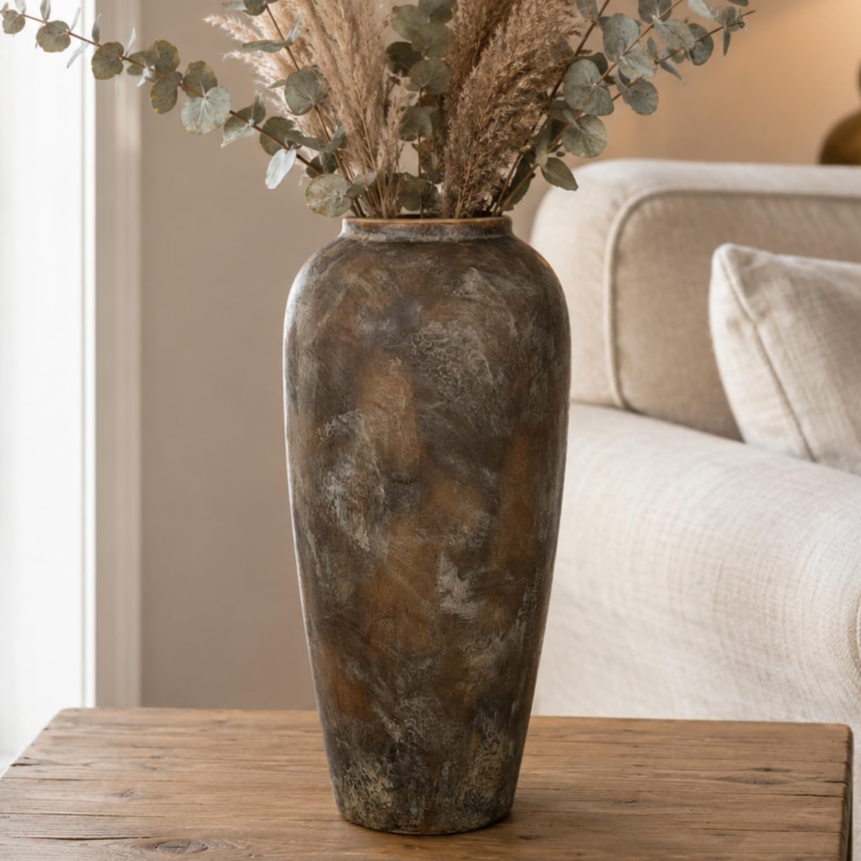 Vaso in ceramica rustica marrone, 38 cm, stile vintage, grande vaso per soggiorno da 15", matrimonio, tavolo da pranzo e regalo