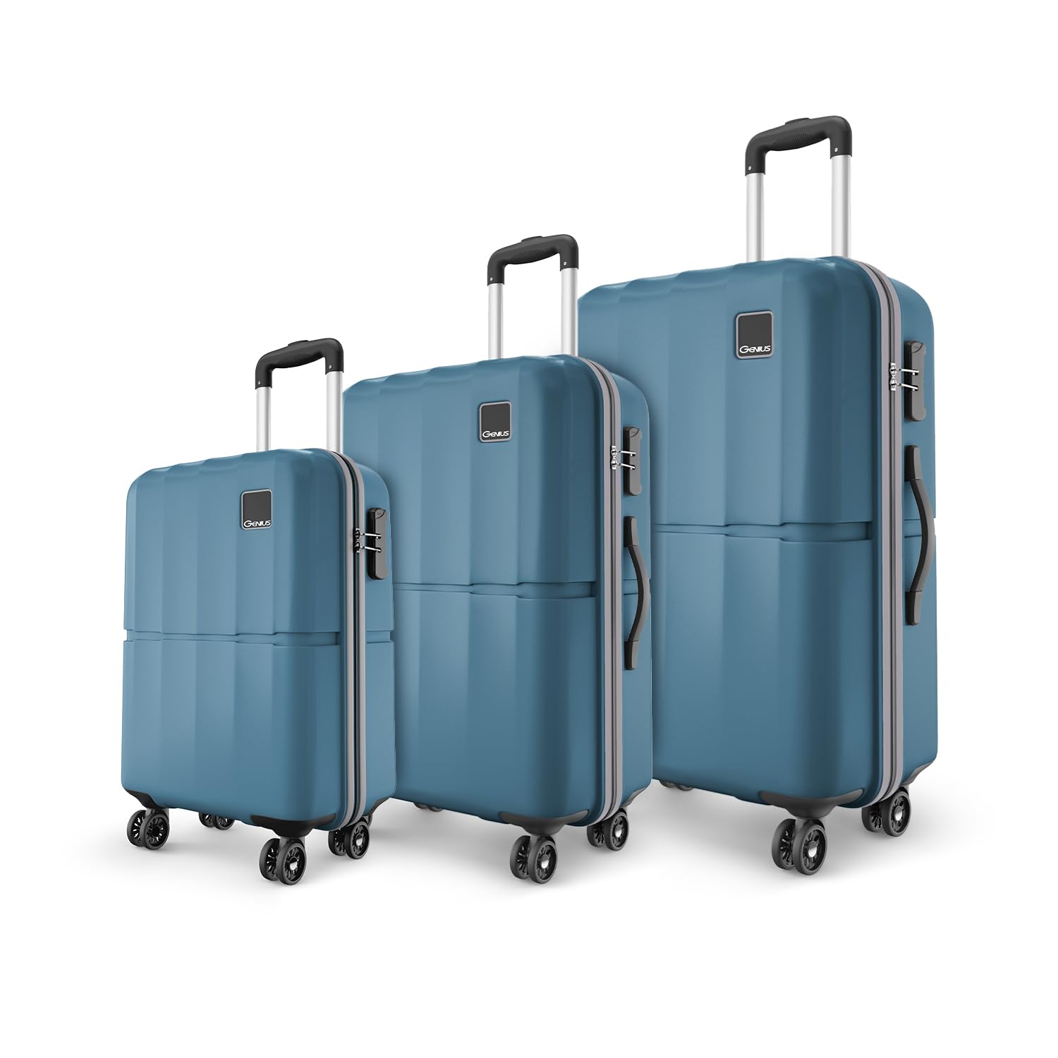 Safari Genius Theo 8 Wheels Set of 3 (Cabin + Medium + Large) Trolley Bags, Hard Case Polycarbonate, 360 Degree Wheeling Luggage, Suitcase for Travel, Trolley Bags for Travel, Pearl Blue