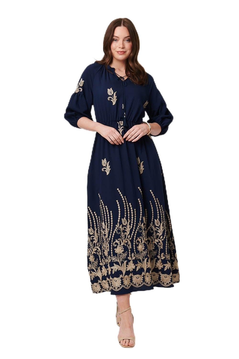 Izabel London Women's Navy Floral Embroidered 3/4 Sleeve Maxi Dress