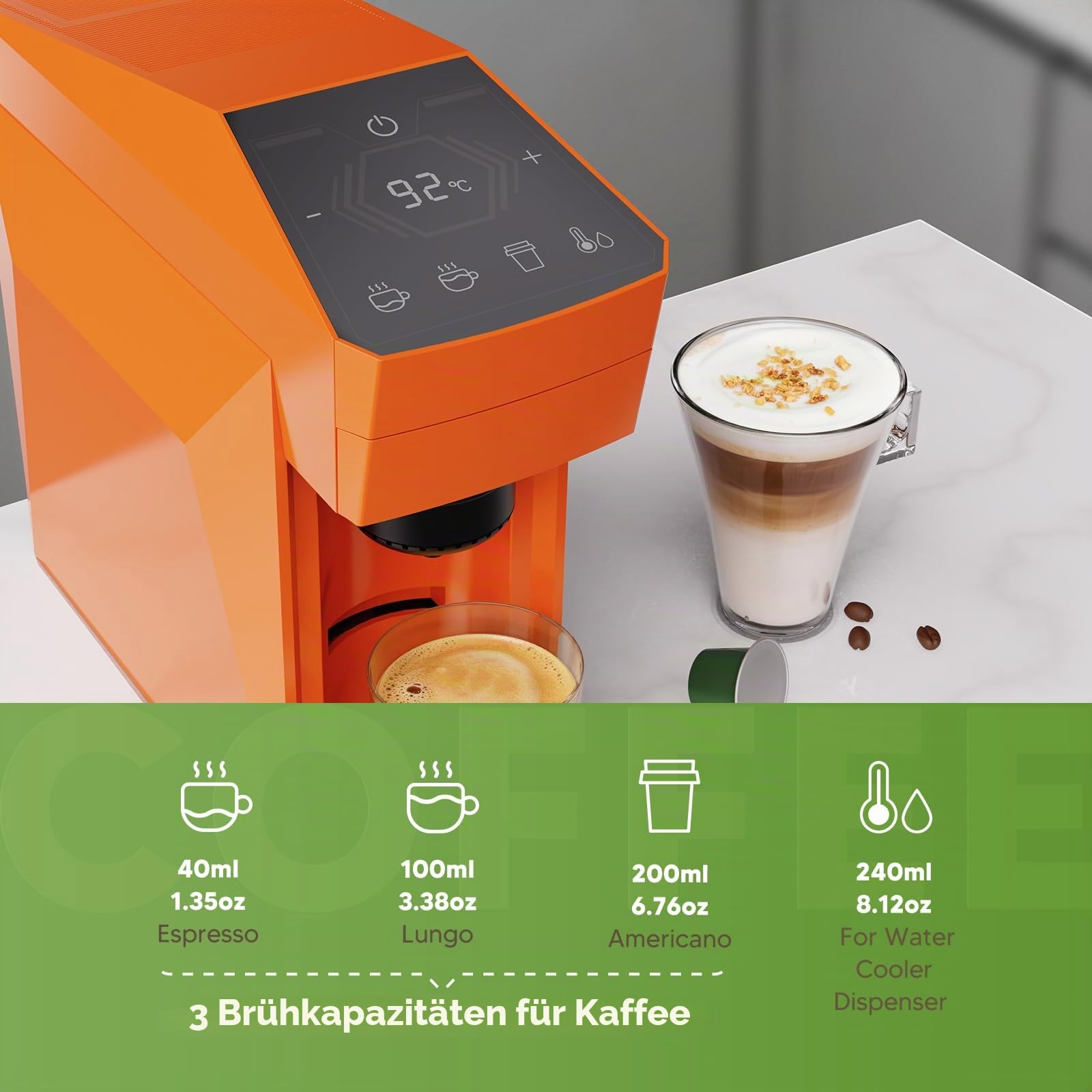 4 in 1 Disposable Coffee Machine, Espresso Machine 19 Bar für K-Cup Kapseln/Ne-spresso OriginalLine/Do-lce Gusto/Gemahlenen Kaffee, 800ml Kapazität, Vibrant Orange