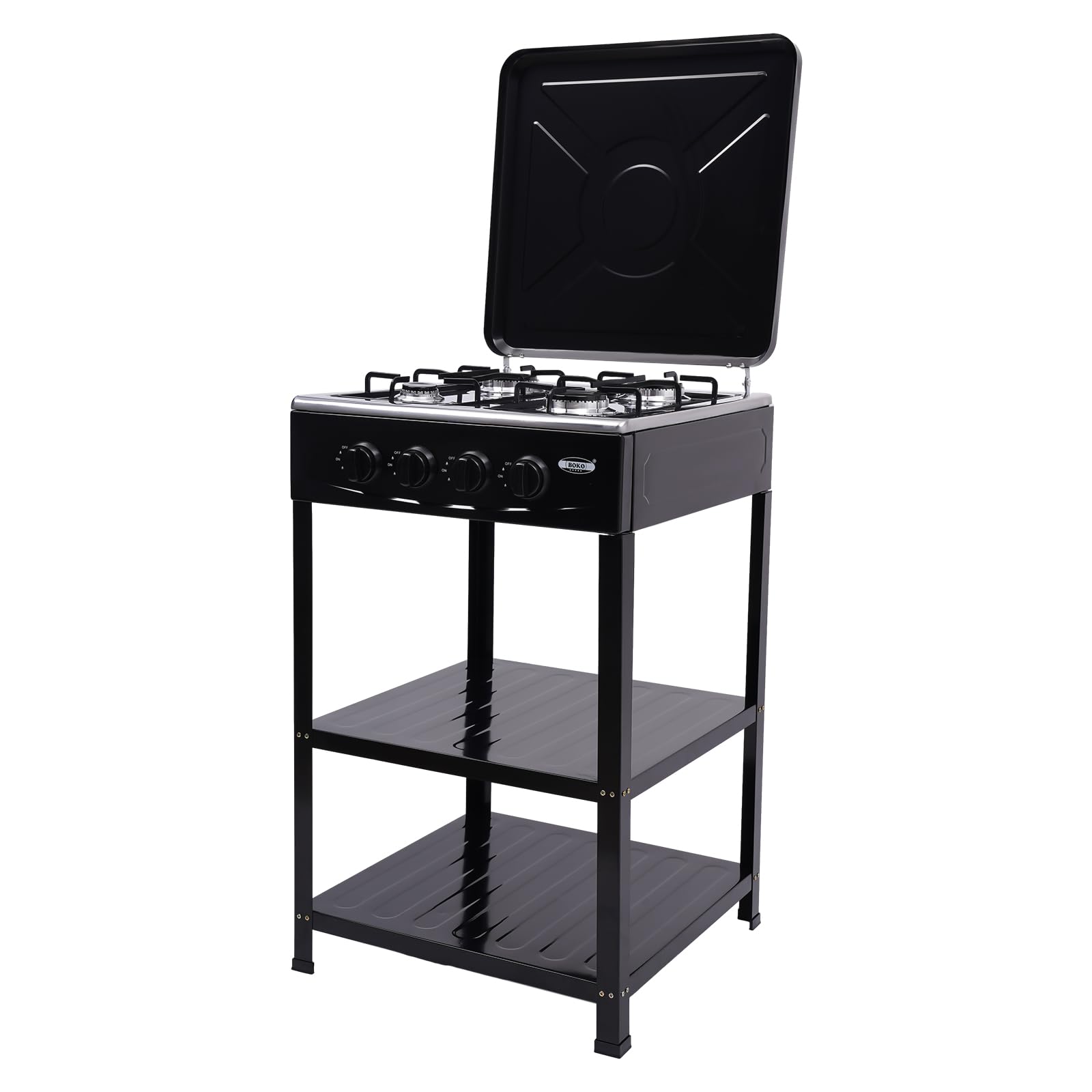 Undercat Gas Stove 4 Burner Camping Stove Portable Stove with Support Leg Stand, Wind Blocking Cover and 2 Layers Storage Rack Manual Ignition Gas Stove for Home RV Apartment Outdoor Use (Black)