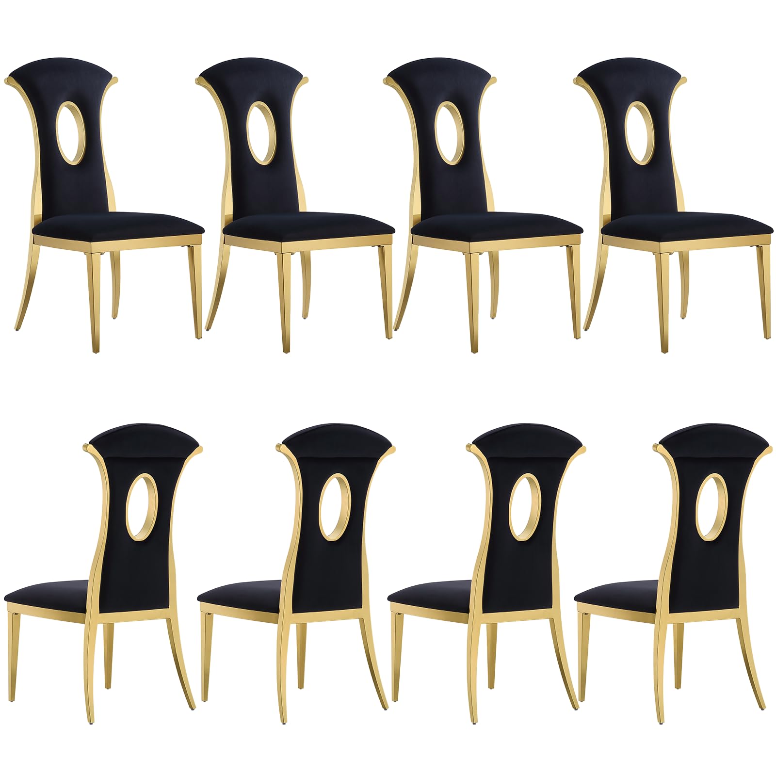 jajaplus Dining Chairs Set of 8, Black and Gold Dining Room Chairs with Gold Legs, High Back Kitchen & Dining Room Chairs with Gold Trims