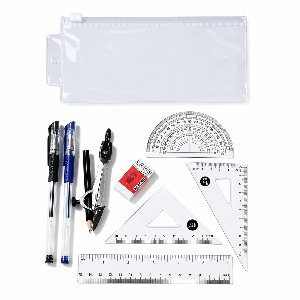 Mitibet 8 Pcs Maths Set, Secondary School Geometry Stationery, Clear Protractor Compass Rulers Eraser, Exam Pen Supplies, Back to College Kit