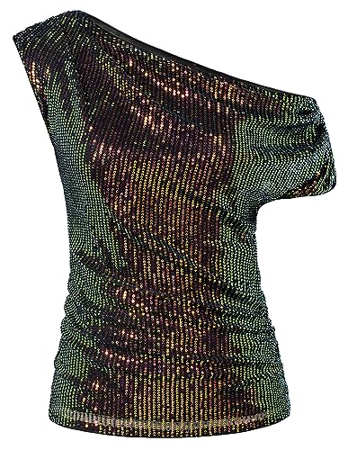 Image of GRACE KARIN One Shoulder Sequin Sparkly Tops for Women Ruched Asymmetrical Glitter Tops Slimming Sparkle Party Shirts
