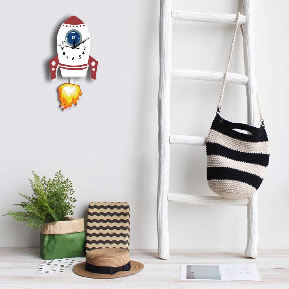 Orologio per decorazioni per la camera da letto per bambini, batteria a parete silenziosa per parete silenziosa a razzo cartone animato per bambini