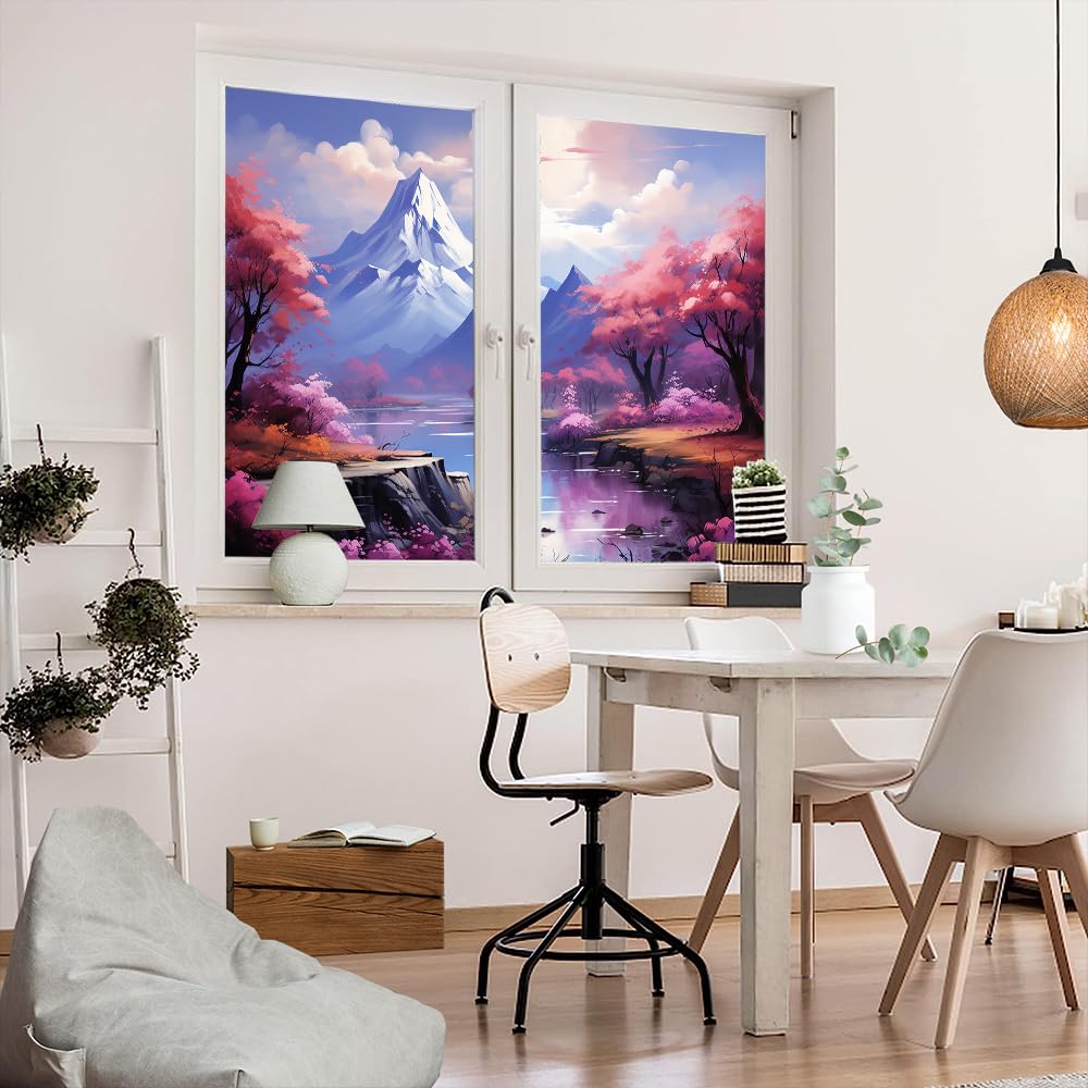 Pellicola per la privacy moderna per finestre con montagna innevata, fiori di ciliegio, paesaggi naturali, senza colla, pellicola statica per finestre per casa, ufficio, negozi, 80 x 120 cm, 2 pezzi