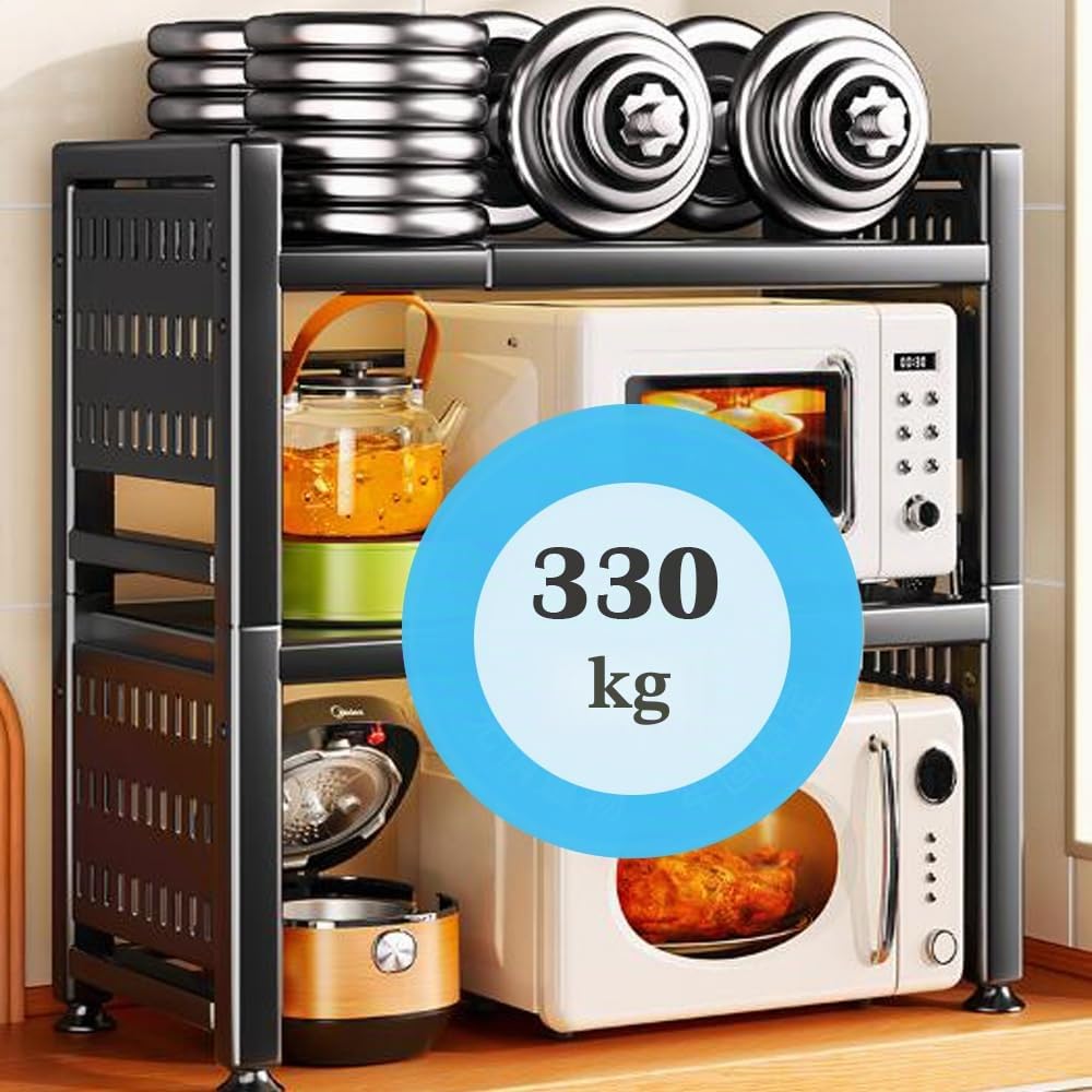 3 Ripiani Mensola Microonde Estensibile, Staffa per Mini Forno con 6 Ganci, Supporto per Microonde con Portaspezie, Microonde Scaffale per Ripiani da Forno da appoggio 40.5-64cm