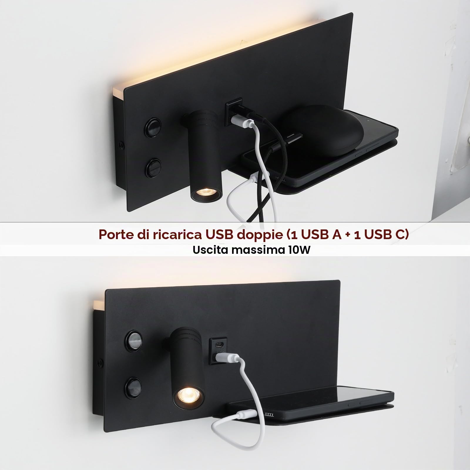 Alpinaluz Applique da Parete Nero Opaco con Faretto LED Sinistro, Luce Calda 2700K, Porte USB-C e USB-A, Interruttori Indipendenti e Mensola Metallica per Cellulare