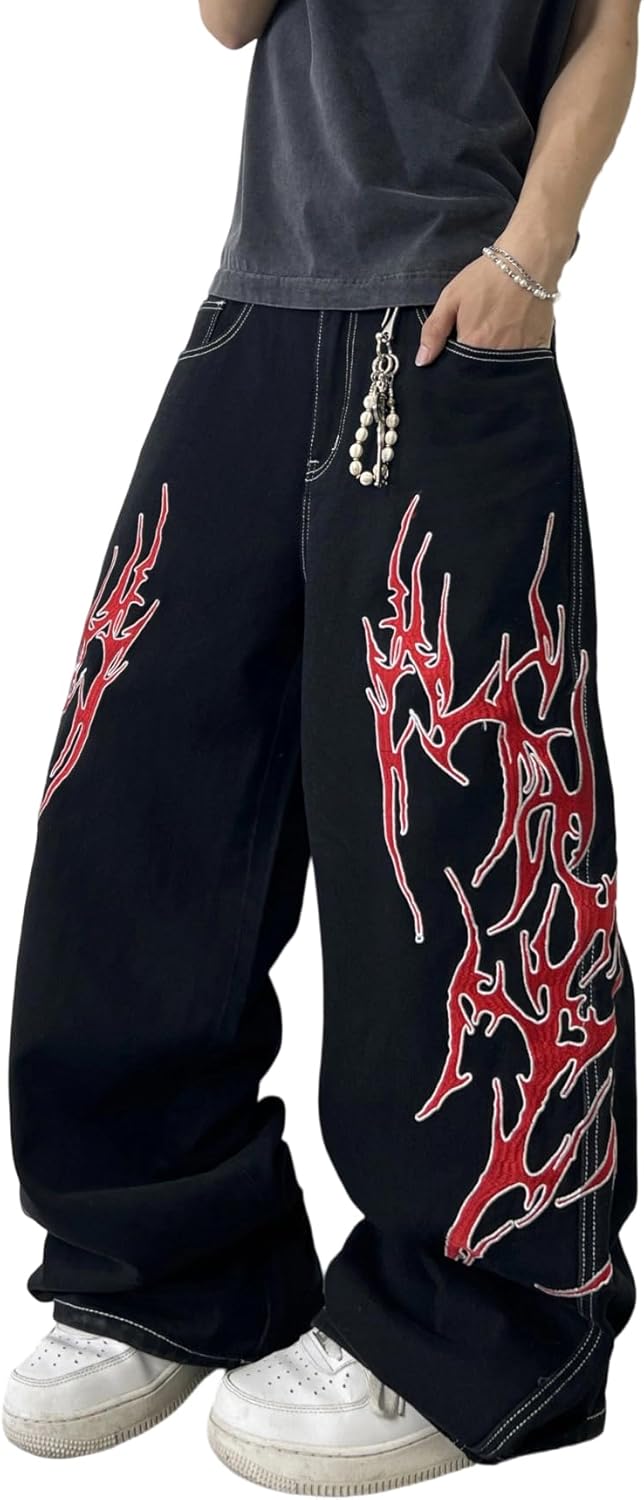 Men's Hip-hop Embroidered Baggy Jeans Loose Fit Denim Black Trousers