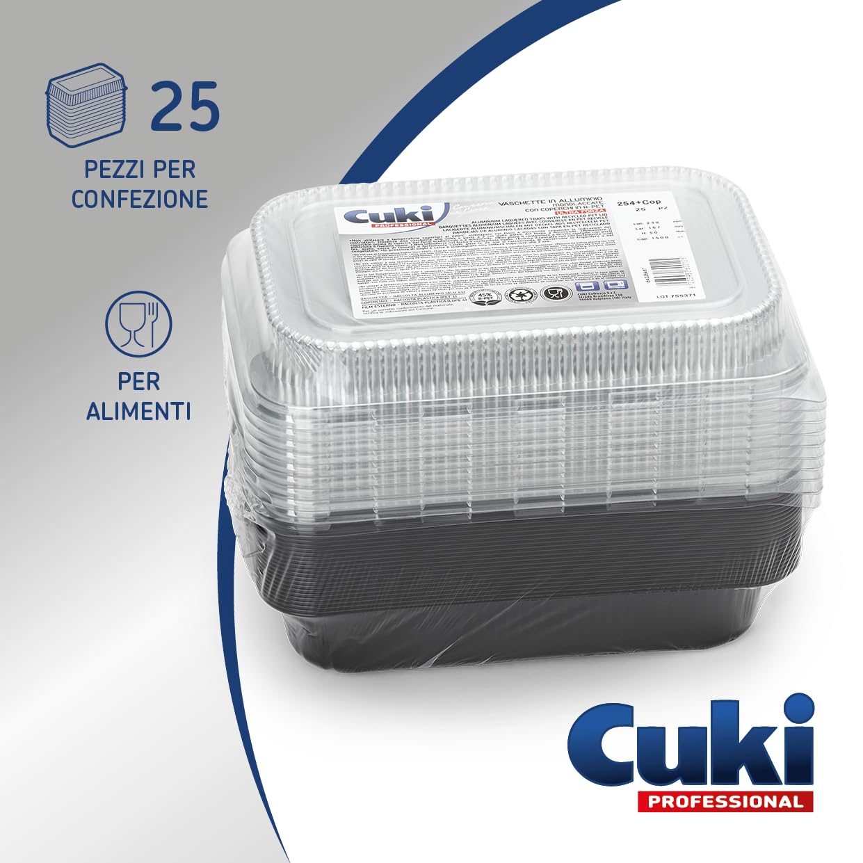 vaschette alluminio con coperchi ultra-forza, 4 porzioni, laccate, cm24x17xh5 , 1 confezione da 25 pezzi, monouso per forno, microonde, frigo, cottura, conservazione