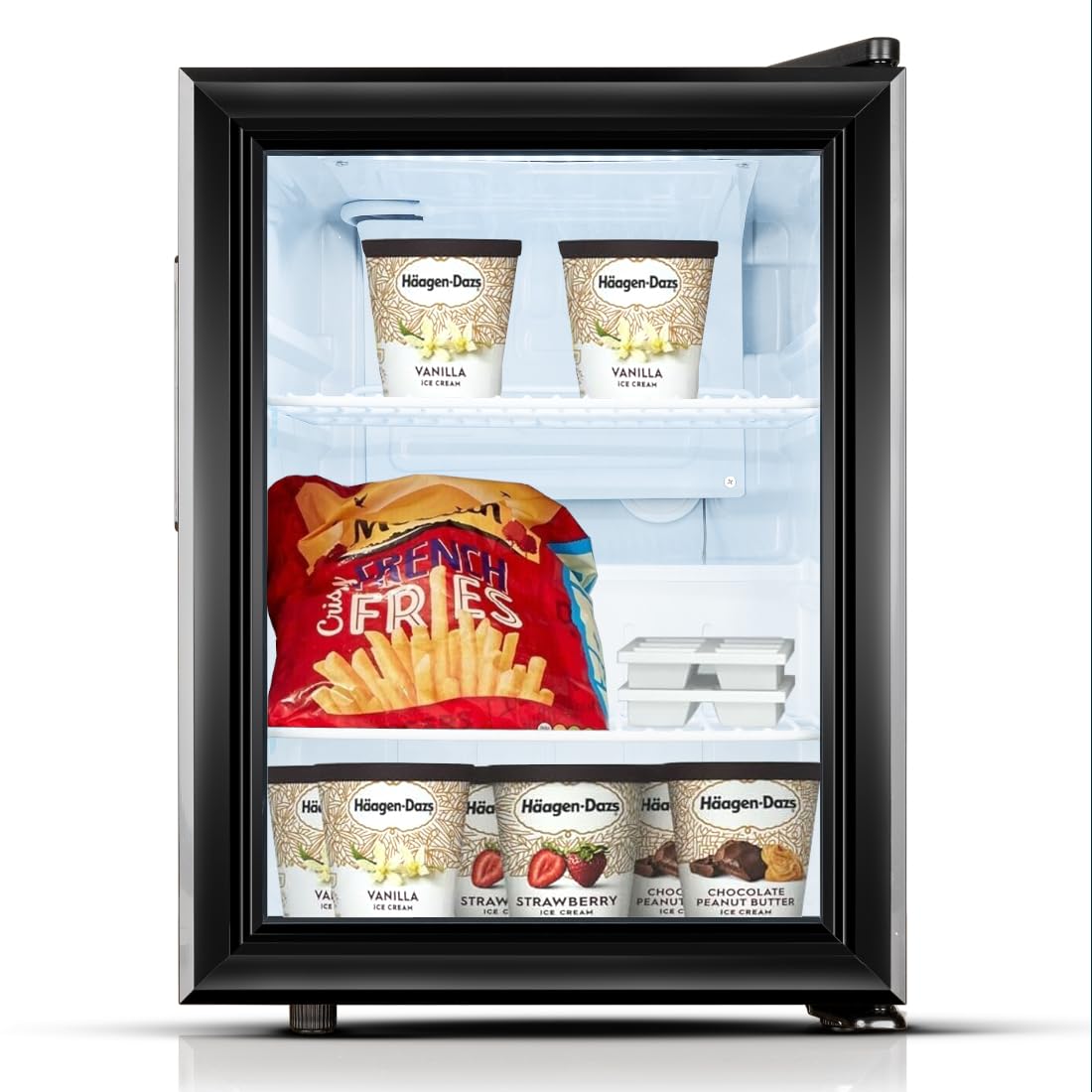Mini Gefrierschrank klein mit Glastür (21 Liter). Kompakter Einbaugefrierschrank, ideal für kleine Küchen und Büros. Energieeffizienter mini tiefkühlschrank für unter der Theke.