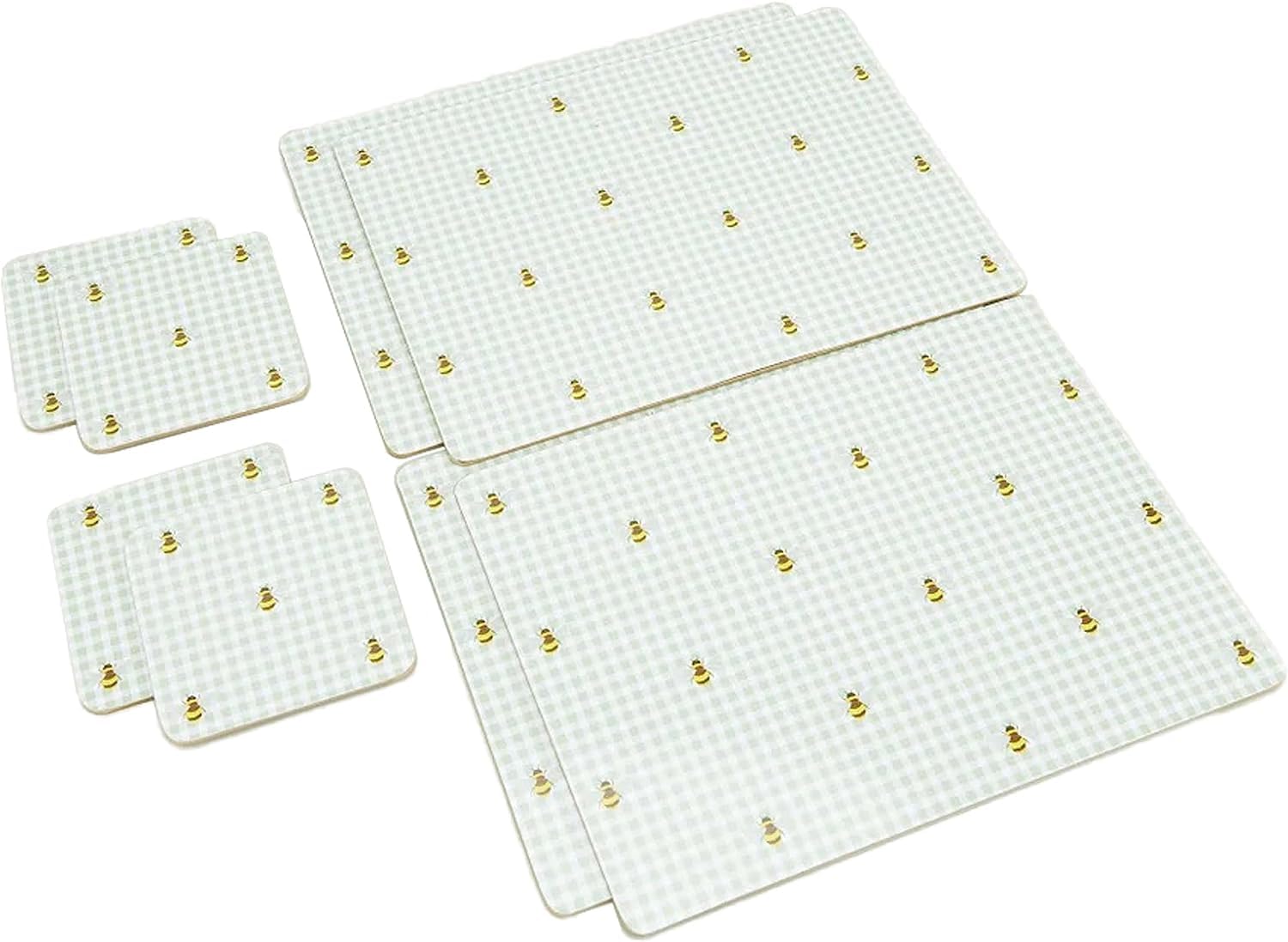 Aamén 8-Pack Green Bee Gingham Print Placemat & Coaster Set - Heat-Resistant, 4-Placemats & 4-Coasters