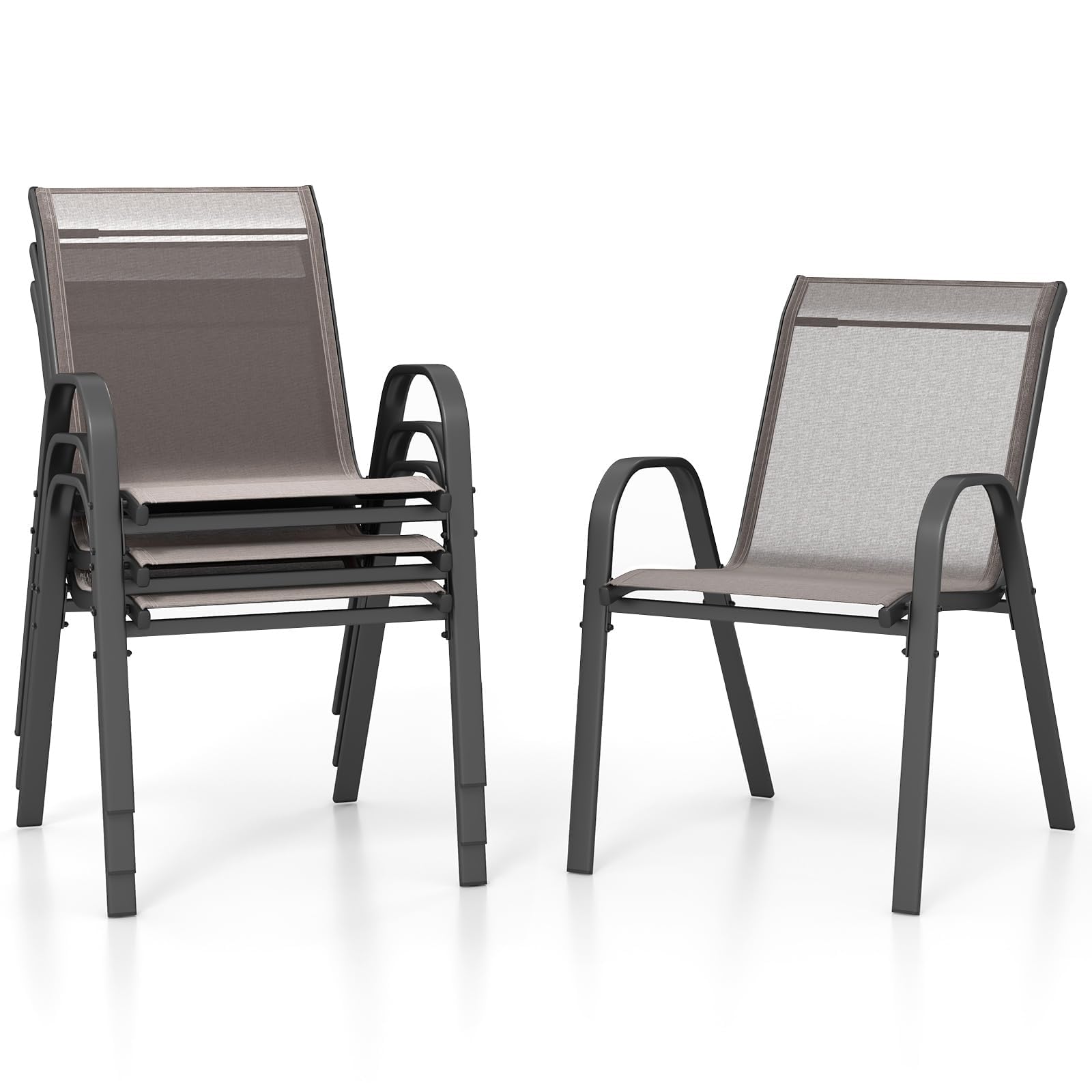 FANTASK Sedie da giardino impilabili, da terrazza, da balcone in textilene e struttura in metallo, set da 4 sedie impilabili con braccioli, portata fino a 150 kg, 56 x 70 x 84 cm (grigio)