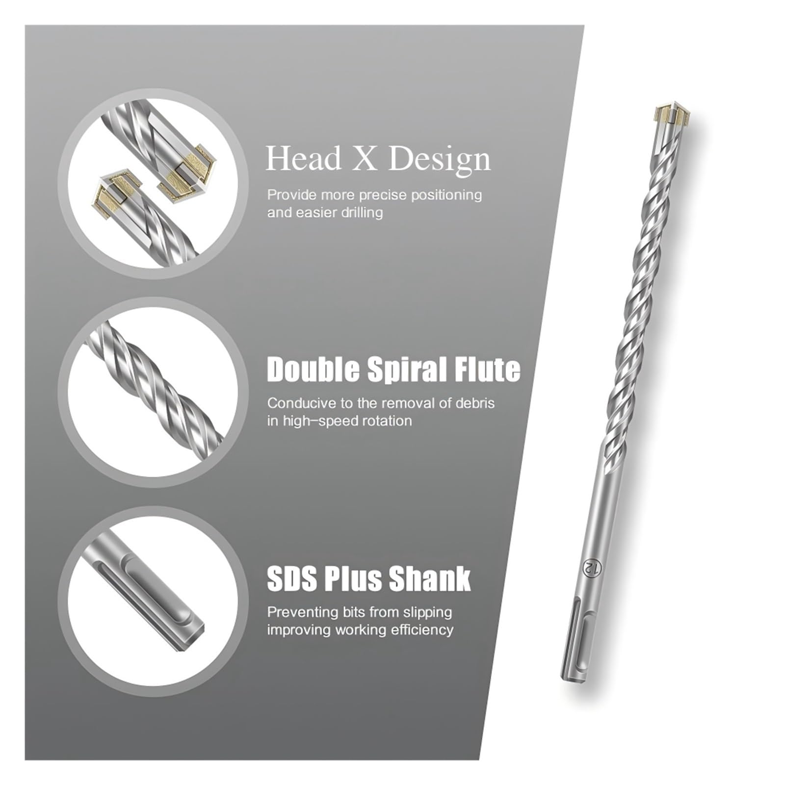Set di punte per martello perforatore SDS Plus, 7 pezzi, punte per calcestruzzo con 4 taglienti, lunghezza 110 mm, diametro 4/5/6/7/8/10/12 mm