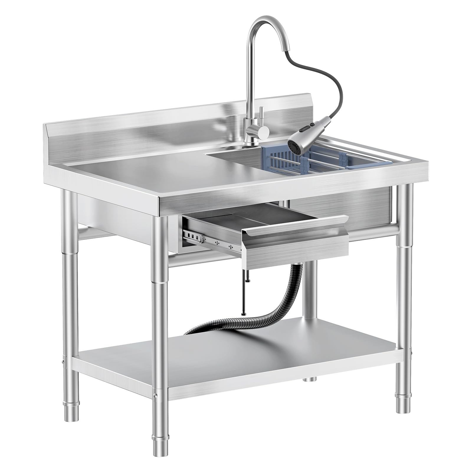 39" Stainless Steel Freestanding Utility Sink with Workbench &amp; Drawer