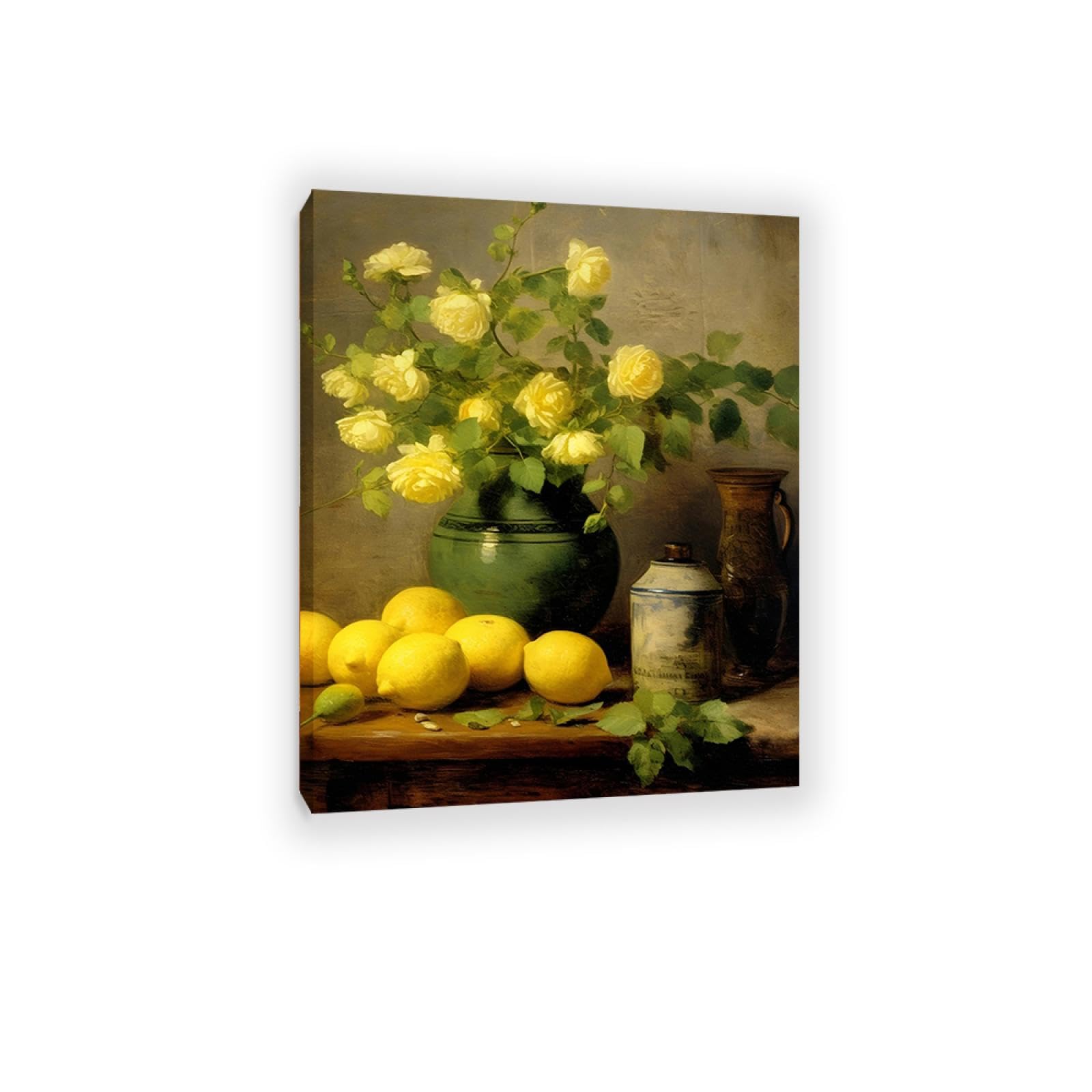 RXNHGJDS Vintage Yellow flowers Lemons Poster Print Country Kitchen Wall Art, Antique Still Life Canvas Painting Cooking Decor 50x40cm(20x16in) Inner frame