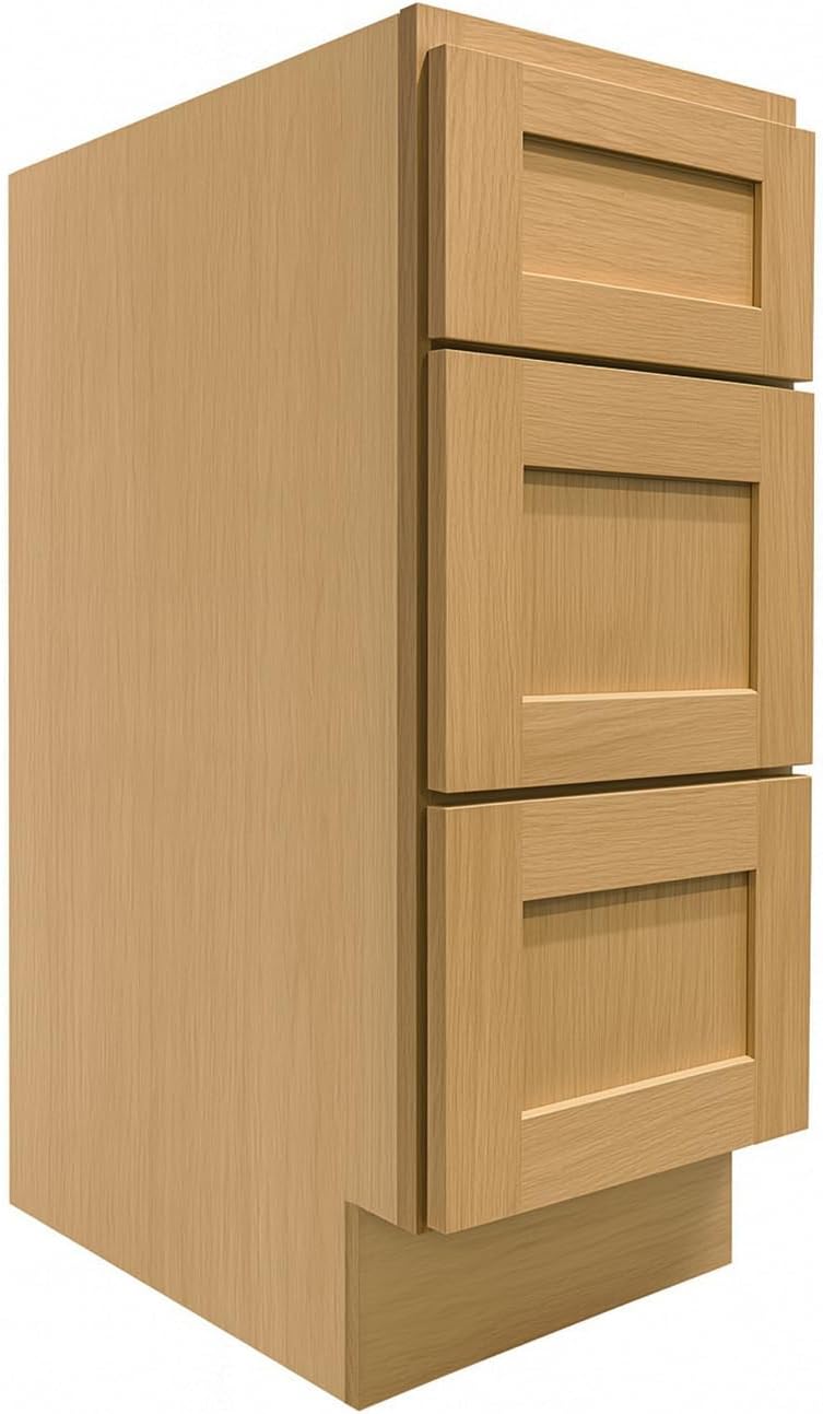 Kitchen Base Cabinet, 15" Base Cabinet Drawer, 3 Soft Close Full Extension Drawers, Shaker, Painted, Unassembled, RTA For Kitchen, Laundry Room (White Oak and MDF Door, 24"D X 34.5"H X 15"W)
