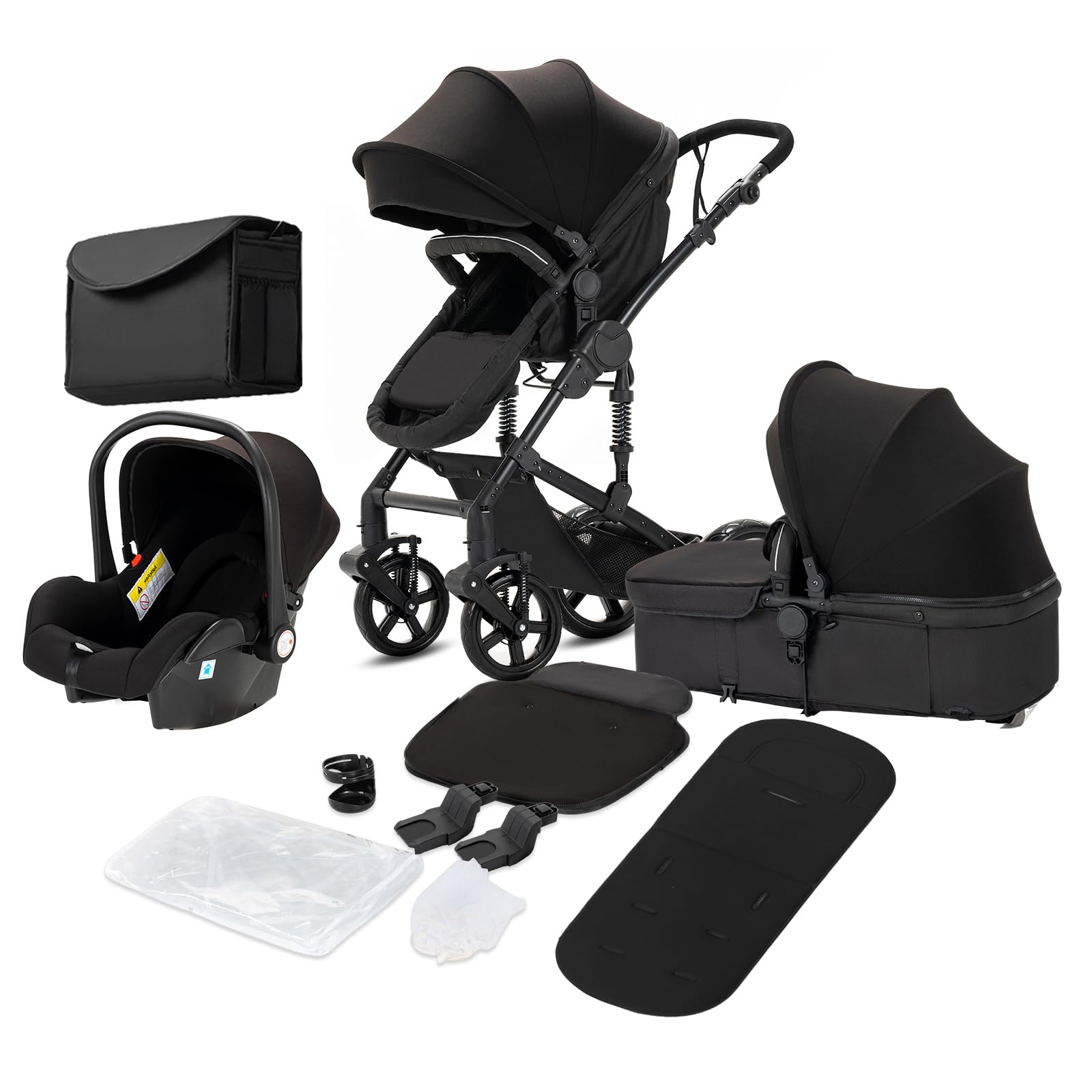 Magic ZC Kinderwagen 3 in 1, Kombikinderwagen 3 in 1 Komplettset mit Umkehrbarem Zwei-Wege-Schub, Buggy mit Zubehör Hohe Landschaft, Faltbarem Tragbarem One-Click-Design (588 Black)