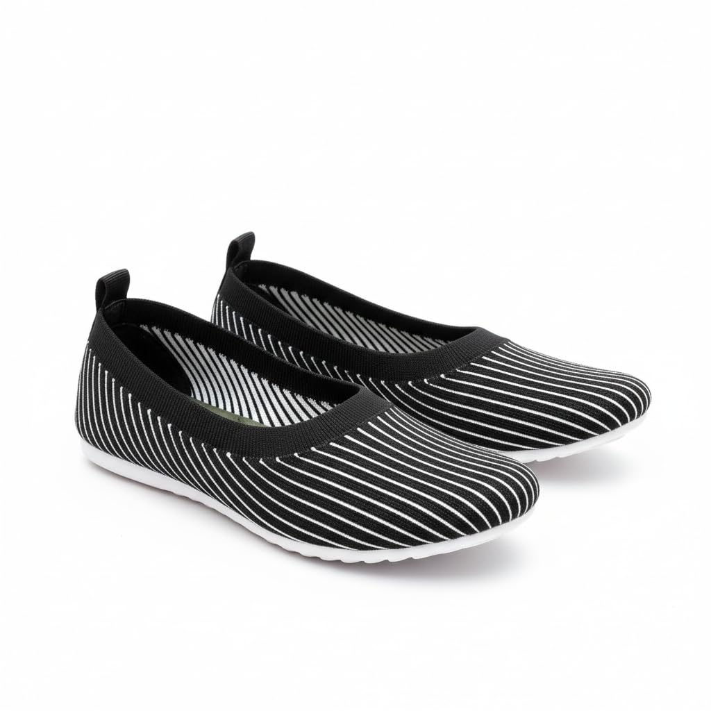 Women's Slip-On Ballet Flats, Black and White Striped Pattern, Lightweight Casual Shoes