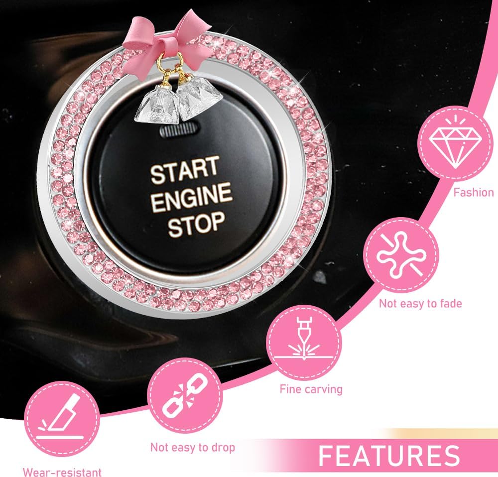 Cute Bow Bling Car Engine Stop Decoration Ring, Push Start Button Cover, Rhinestone Crystal Ring for Car Buttons & Knobs, Auto Key lgnition Knob Starter Sticker for Women Girls (Pink) image 5
