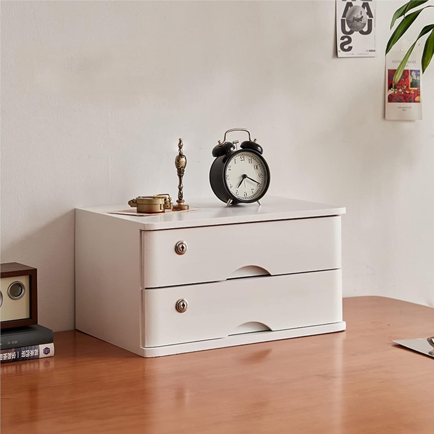 Desktop File Cabinet - Solid Wood Storage Box Flat File Cabinet Storage with Lock Desktop Drawer Cabinet (E 2 Drawer)