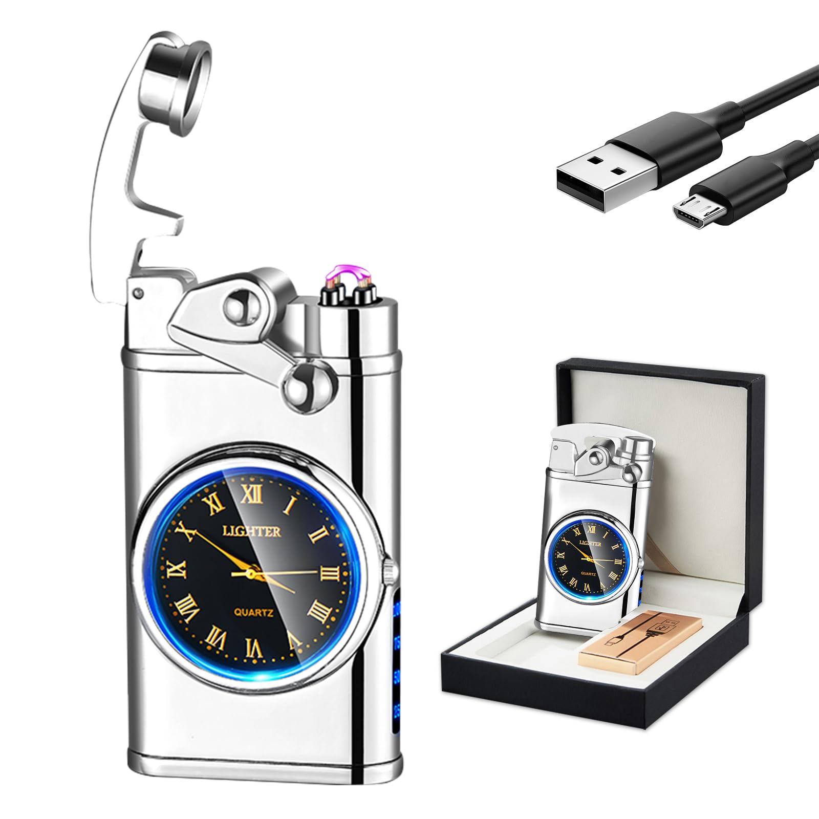 GADATOP Electric Lighter Rechargeable USB Lighter Flameless Windproof Lighters Personalized Creative Rocker Double Arc Plasma Lighters with Luminous Dial LED for Men and Women Gifts (Silver Ice)