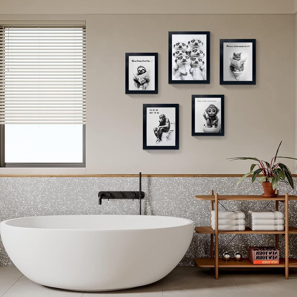 Orvannaatr Adorable black and white raccoon group portrait photo frame art piece. Suitable for use as an interesting decoration in the bathroom, children's room, or staircase area.