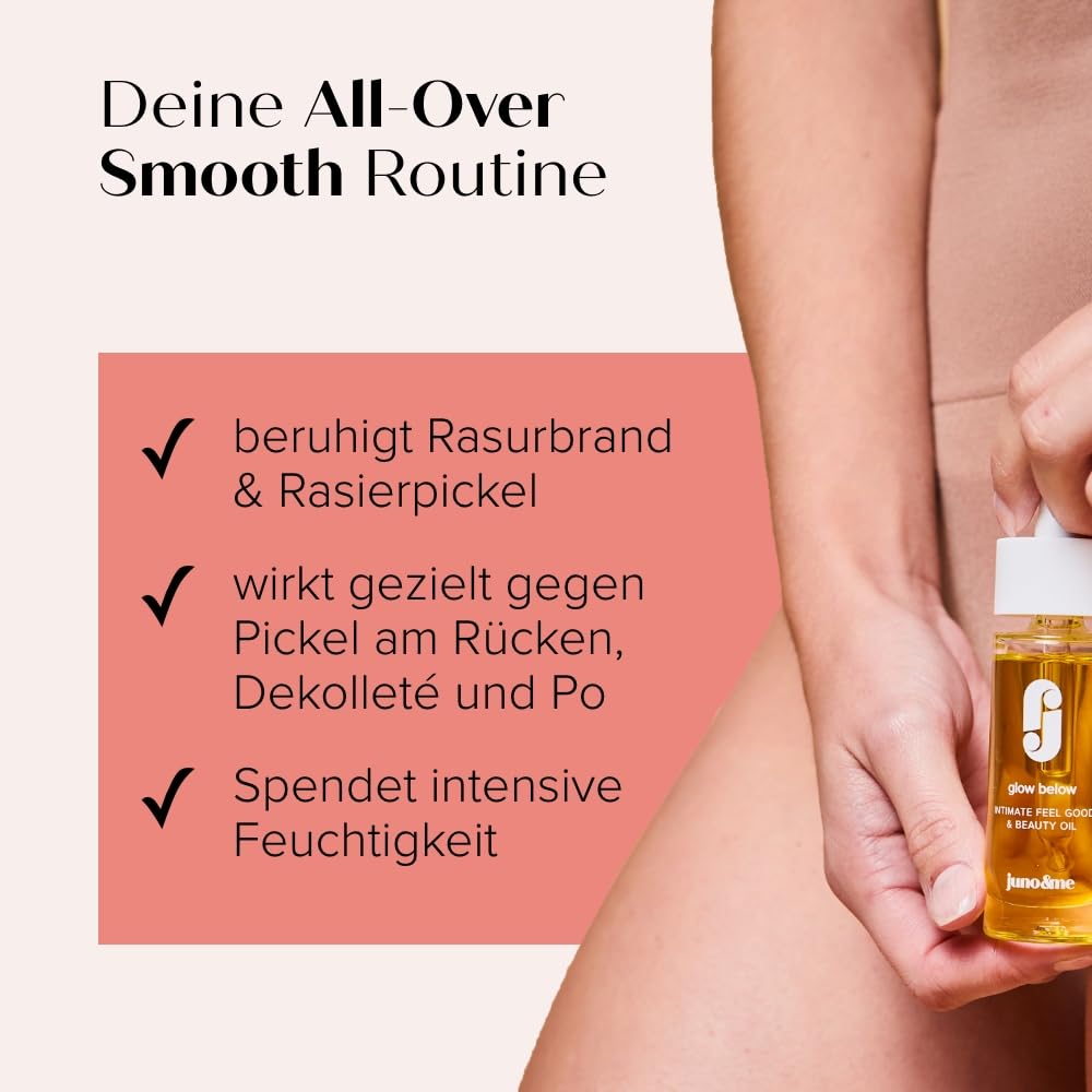 juno & me - All-in-One Set – Rasur- & Pflege-Routine mit AHA Körperpeeling, 2in1 Wash & Shave Gel, Body Shaving Oil, After Shave Moisturizer & Intimate Feel Good & Beauty Oil – vegane Körperpflege