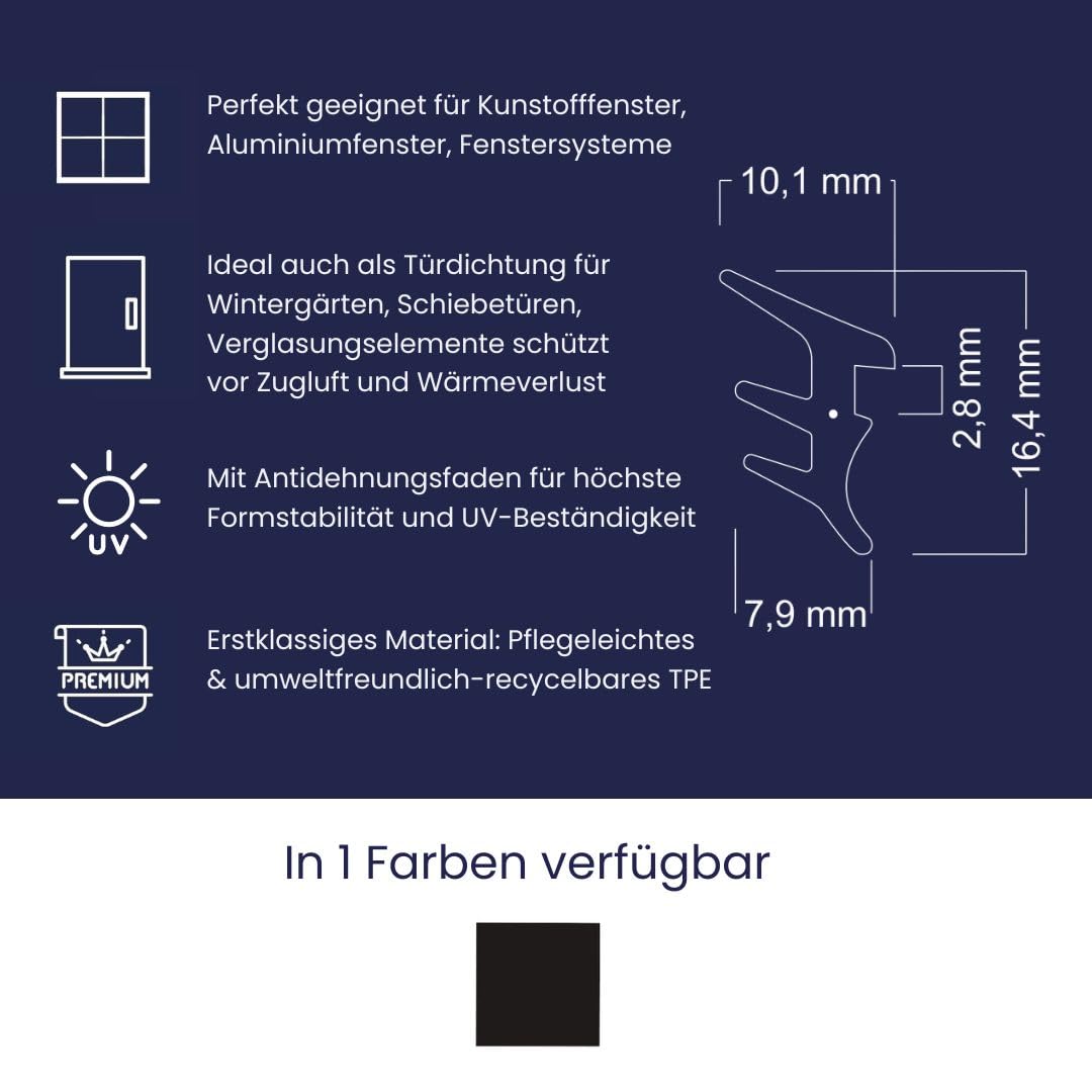 Fensterdichtung für Fenster-Systeme, Verglasungsdichtung für Außenbereich mit Antidehnungsfaden für Kunststofffenster & Aluminiumfenster Dichtung (Schwarz 10m)