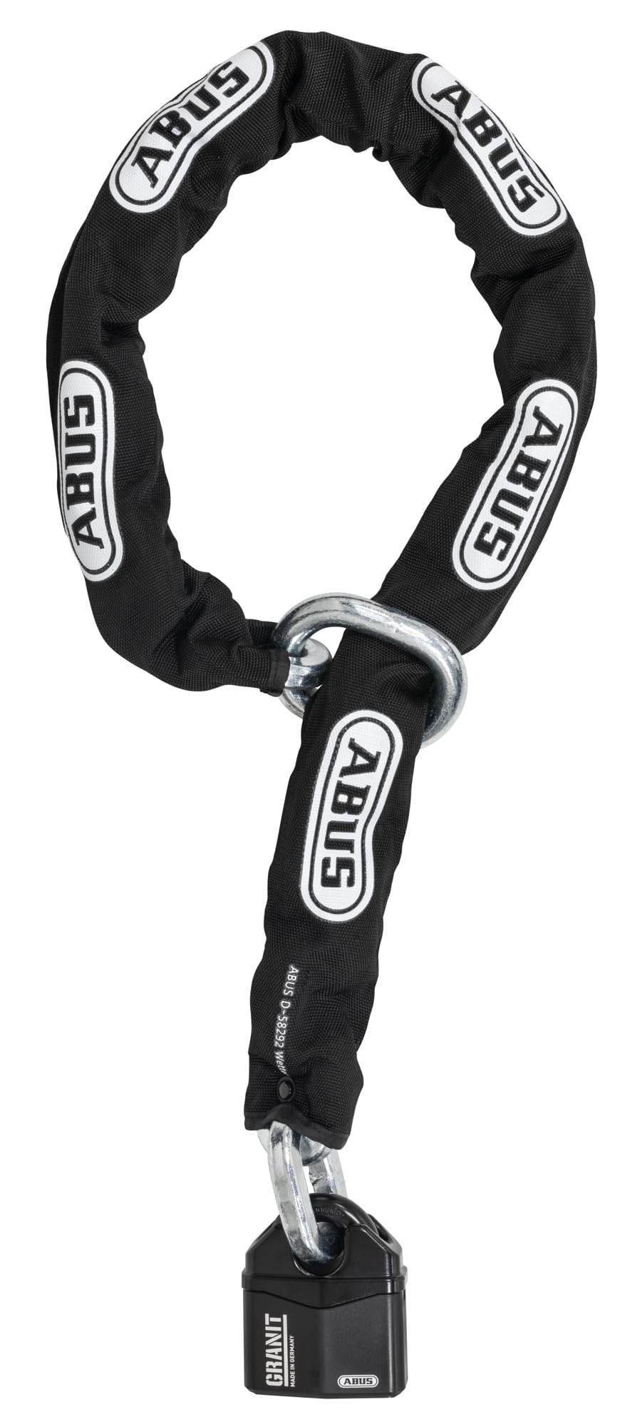 ABUS Combinazione di lucchetto e catena GRANIT™ Power Chain 37RK/80 14KS Black Loop - Lucchetto a catena per moto e rimorchi per barche - Livello di sicurezza 20 | Combinazione lucchetto-catena moto con catena Loop 14 mm, cilindro ABUS Plus, acciaio tempr