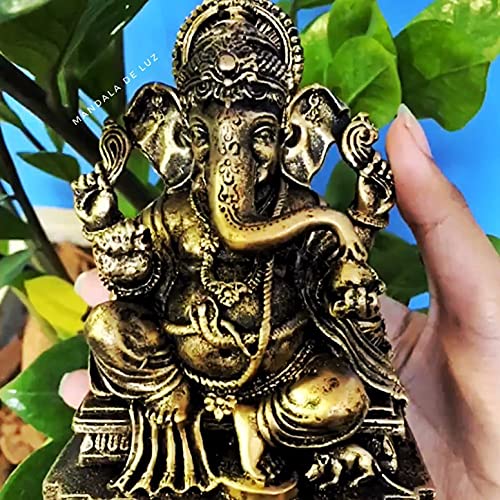 Estátua de Ganesha Sentado Dourado Resina 13cm