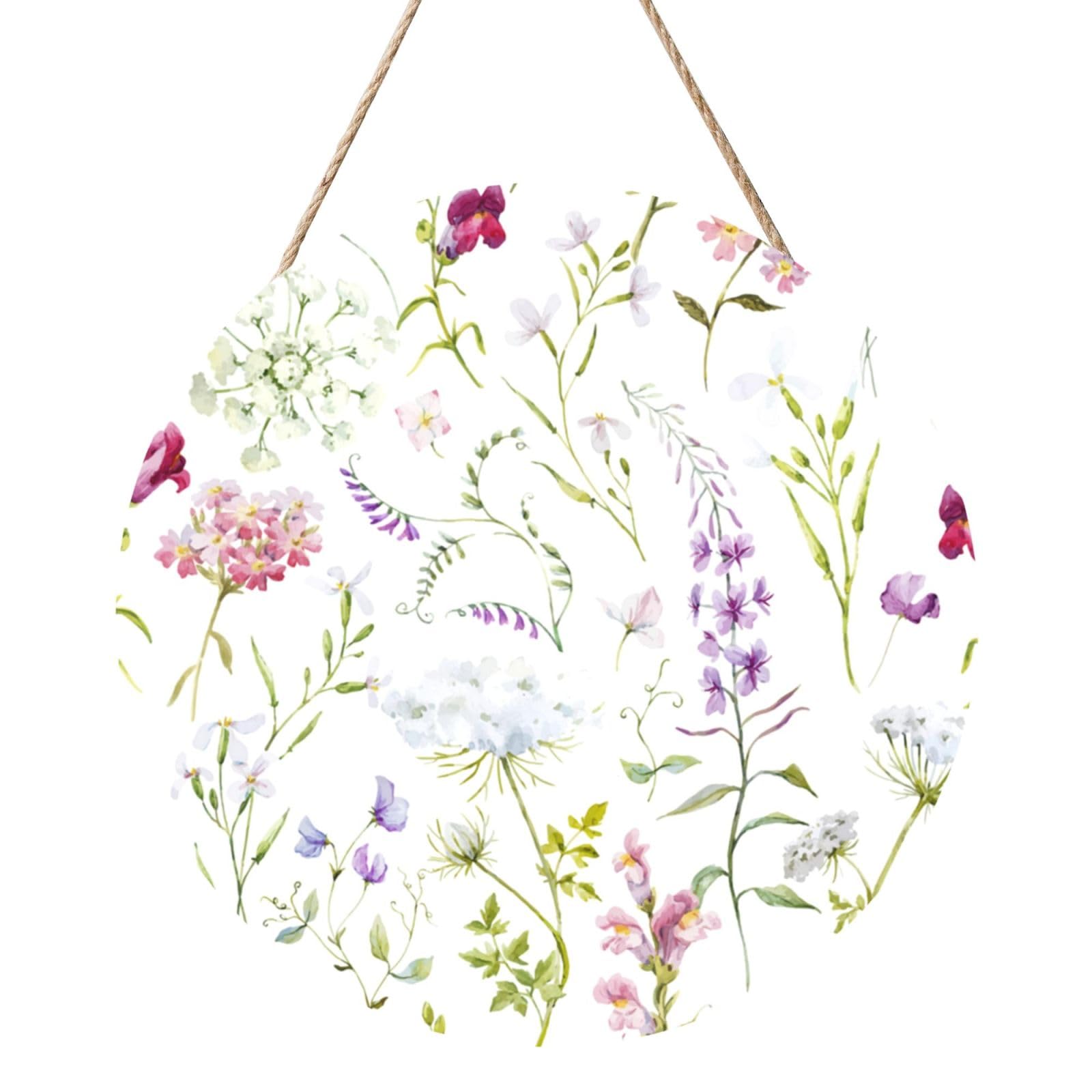 InOmak Watercolor Floral Wildflowers, Round Wood Panel Painting 12 in, Wall Hanging Painting For Home