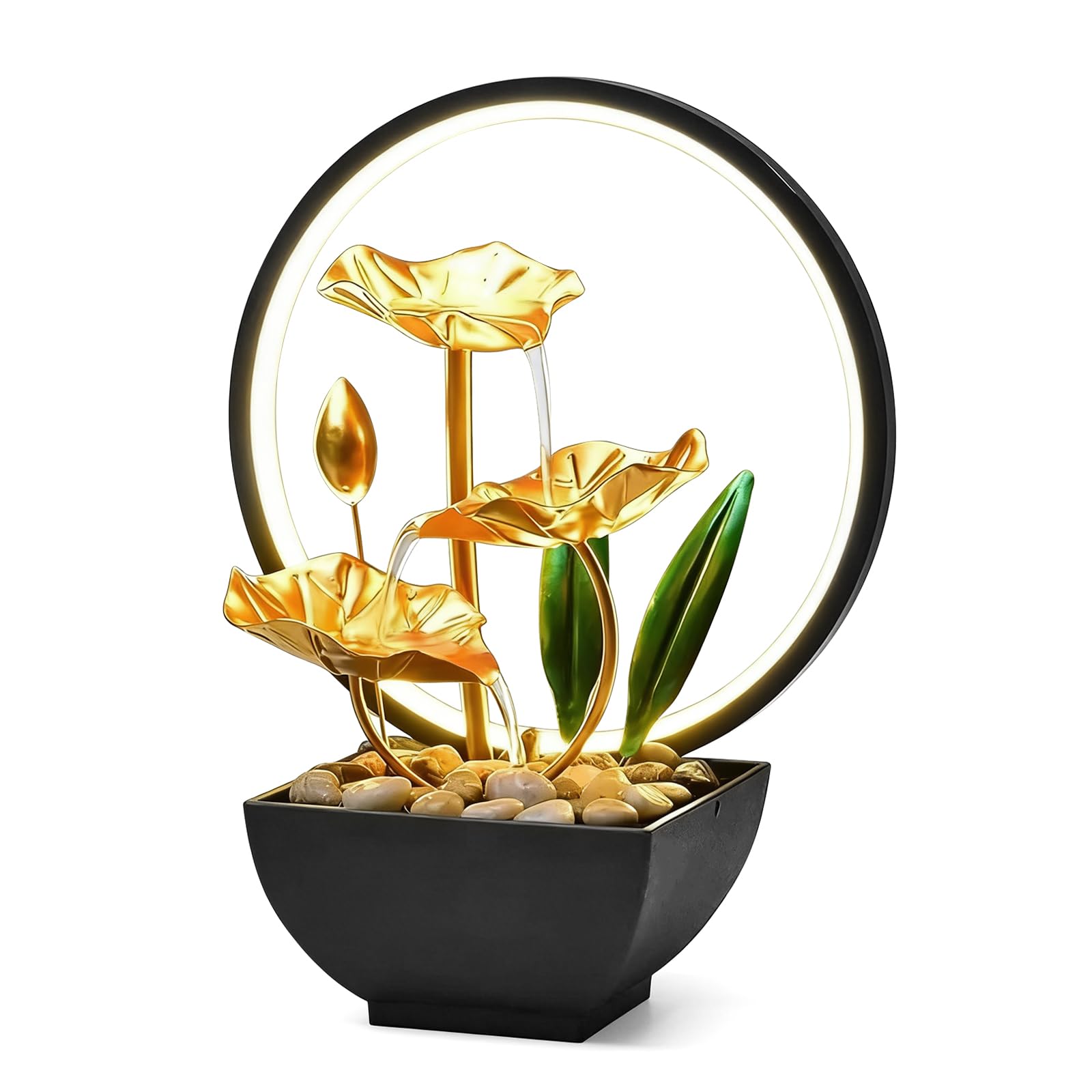 Fontaine d'intérieur, cascade, de table, avec éclairage LED, décoration moderne zen avec pompe silencieuse, 3 niveaux, mini cascade, petite pour maison, bureau, salon, jardin