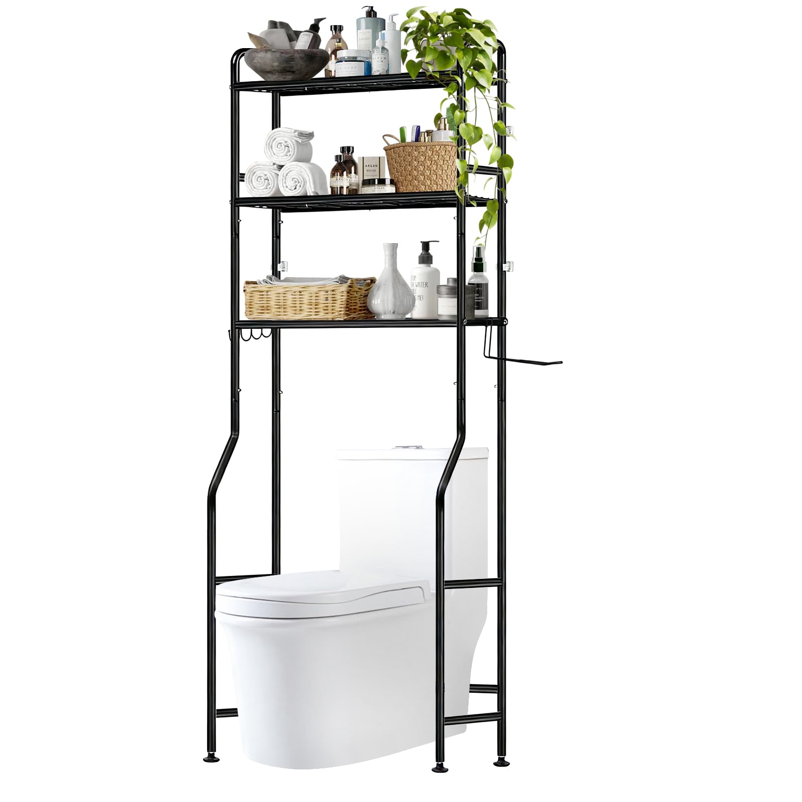 Étagère pour machine à laver, étagère WC sur machine à laver, armoire de toilettes, 3 étagères, porte-serviettes, 62 x 163 x 22 cm, noire