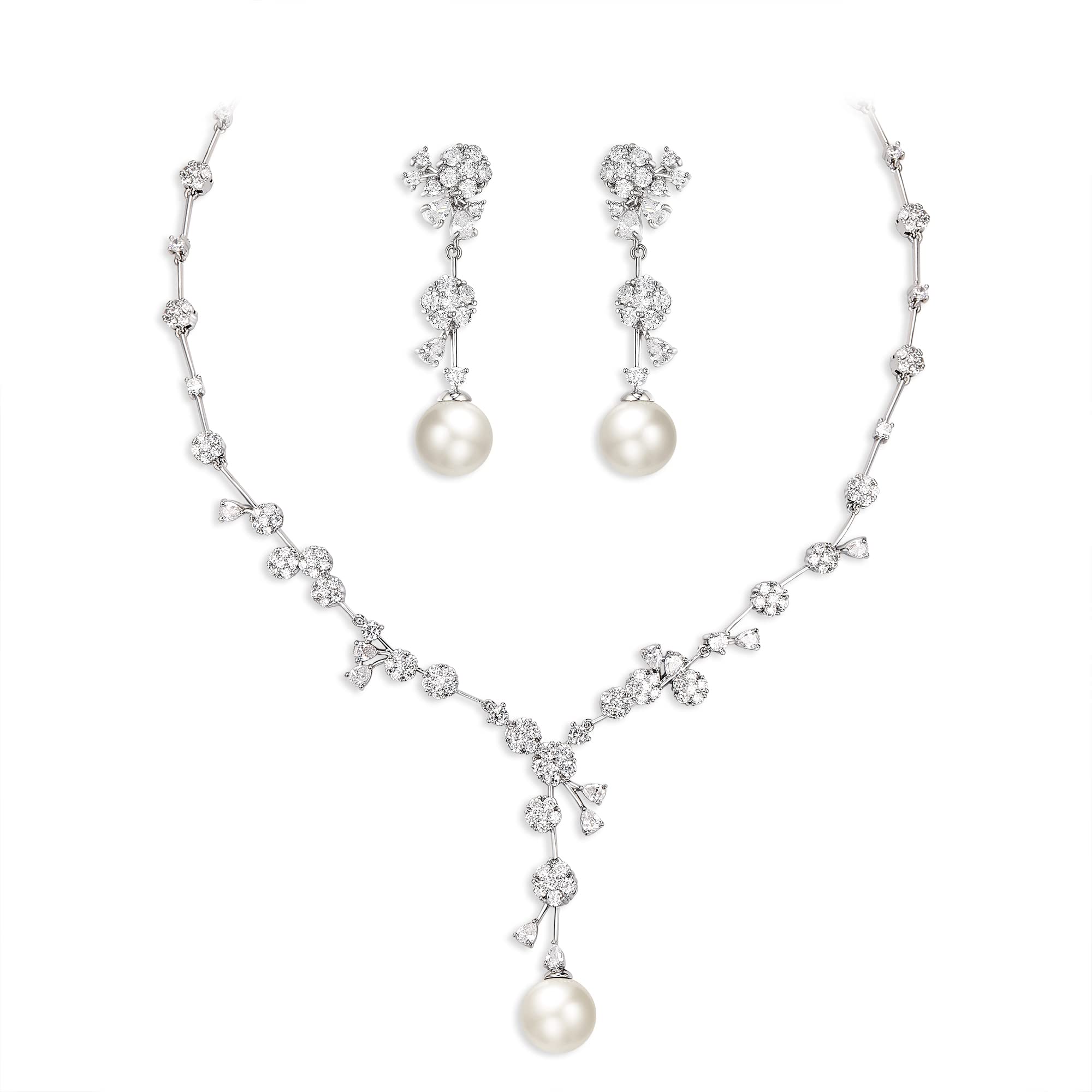 White Faux Pearl Leaf Vine Bridal Cubic Zirconia Jewelry Set for Women