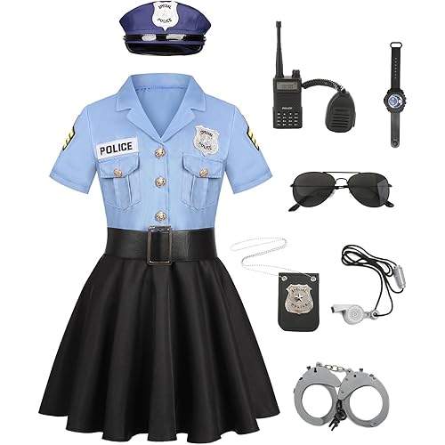Kids Police Officer Costume Girls Cop Cosplay Outfits Uniform Halloween Costumes with 9 Pcs Accessories