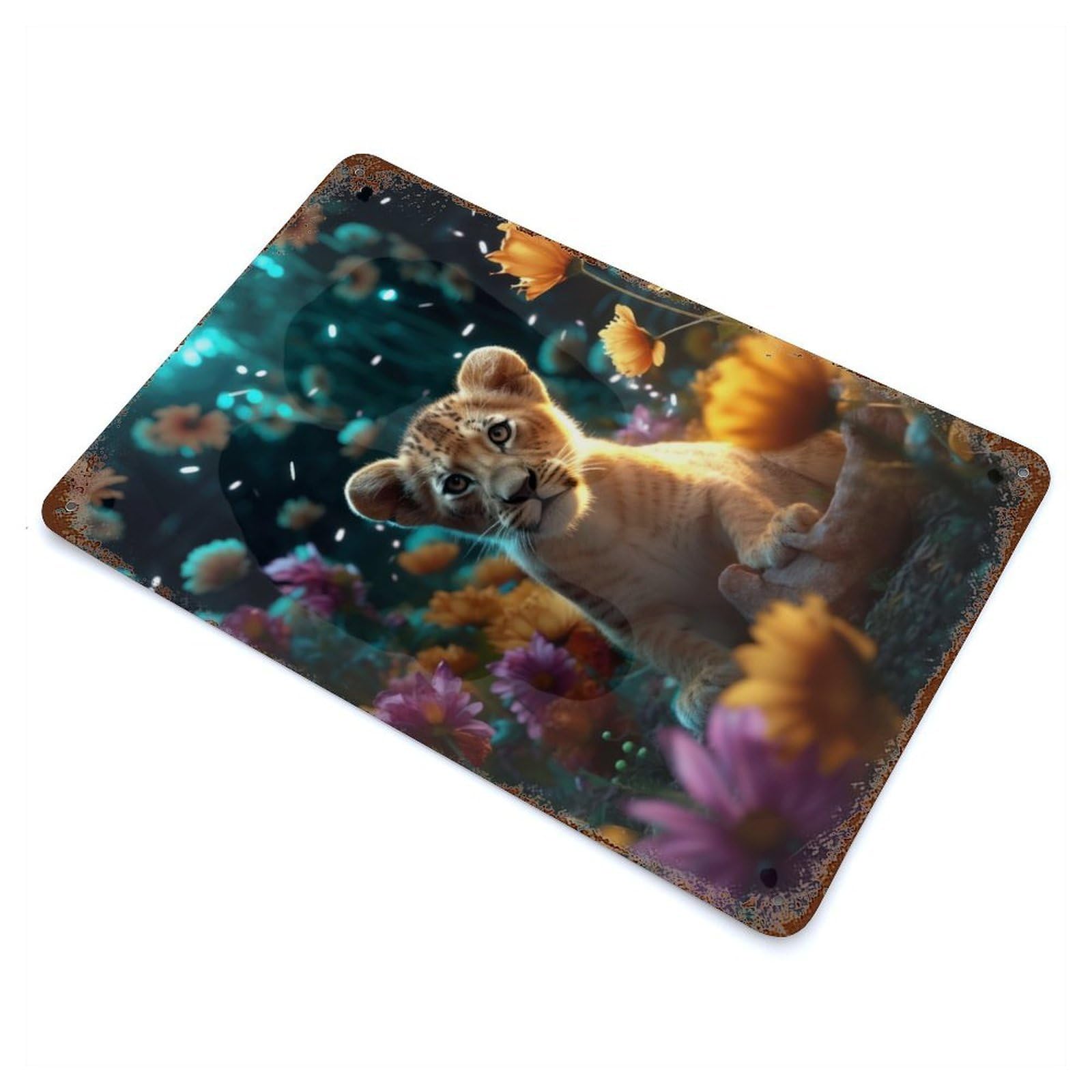 Magical Floral Lion Cub Decorative Tin Sign 11.8"x7.9", Old School Wall Decor for Garage, Pub Or Kitchen