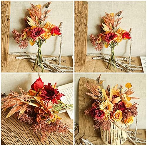Artificial Flowers Plants Bouquet Autumn Harvest Silk Flower Orange Fall Floral Arrangement Centerpieces for Thanksgiving Halloween Home Wedding Party Vase Garden Table Decor