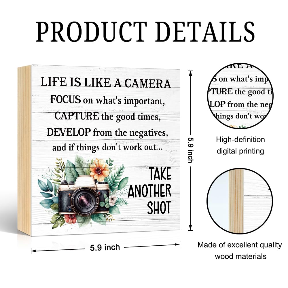 Life Is Like A Camera Wooden Box Sign, Photographer Gifts for Women, Motivational Photography Gifts for Photographer, Wood Sign Gifts Decor for Home Coffee House Bar Party
