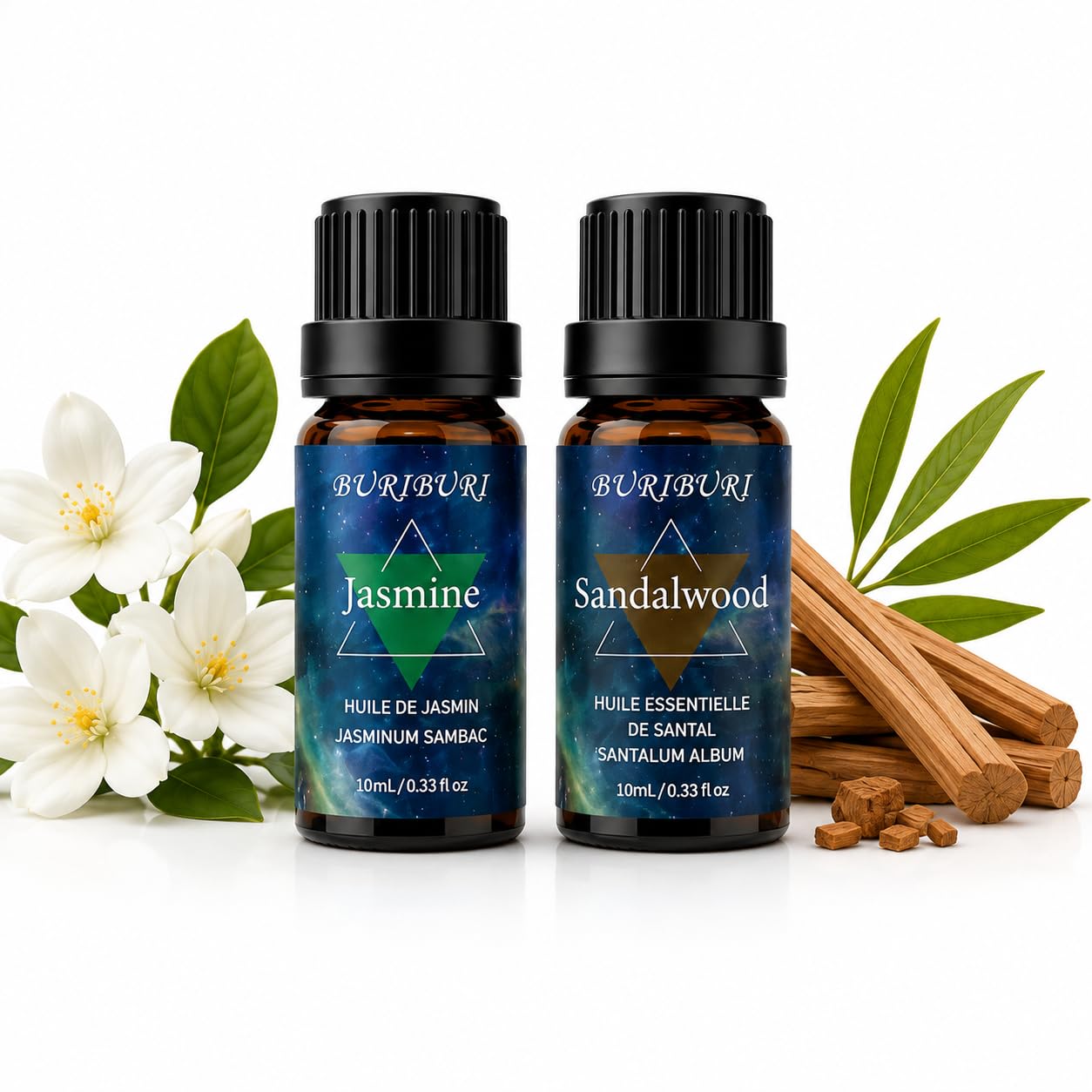 BURIBURI Sandalwood Jasmine Oil Gift Set, 100% Pure, Undiluted, Aromatherapy Essential Oils, 10MLx2
