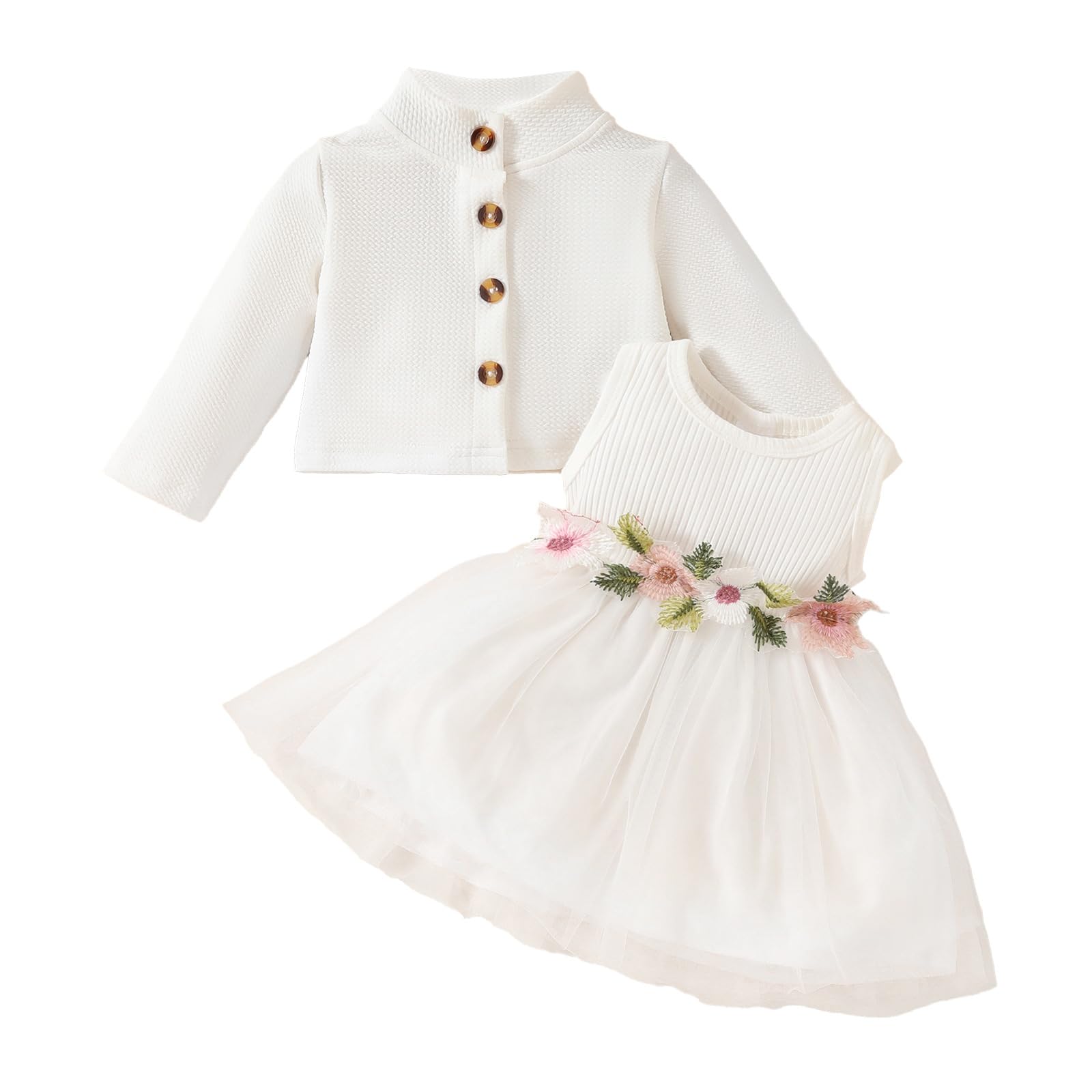 JiAmy Vestido de niña para bebé, sin Mangas Flores tutú Vestidos y Manga Larga cárdigan de gofre 2 Piezas Boda Fiesta de Cumpleaños Conjunto para niñas de 6 Meses a 3 años