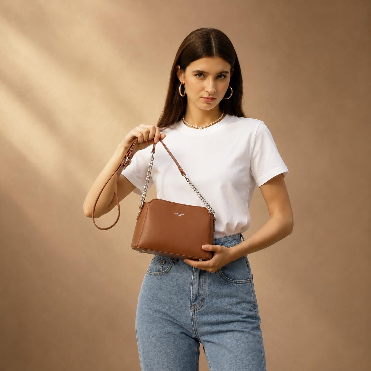 David Jones - Borsa a Tracolla Donna - Piccola Borsa Spalla Catena Simil Pelle PU - Borsetta con 3 Scomparti Tasche - Borsa a Mano Borsello Moda Città Viaggio Shopping