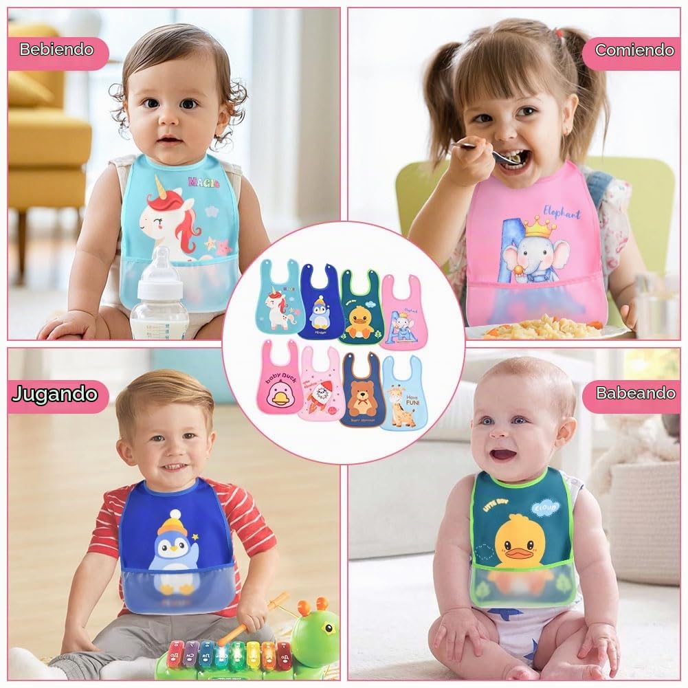 HOTUT Baberos Bebe, Babero Impermeable Bebe para Bebes y Niños Pequeños, Unisex, Ajustable, Babero Cómodo, Ligero, con Bolsillo Recogemigas, Sin BPA
