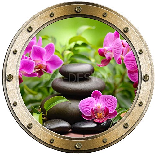 Sticker Trompe l'oeil Hublot Orchidée Galets - W1069 (20x20cm)