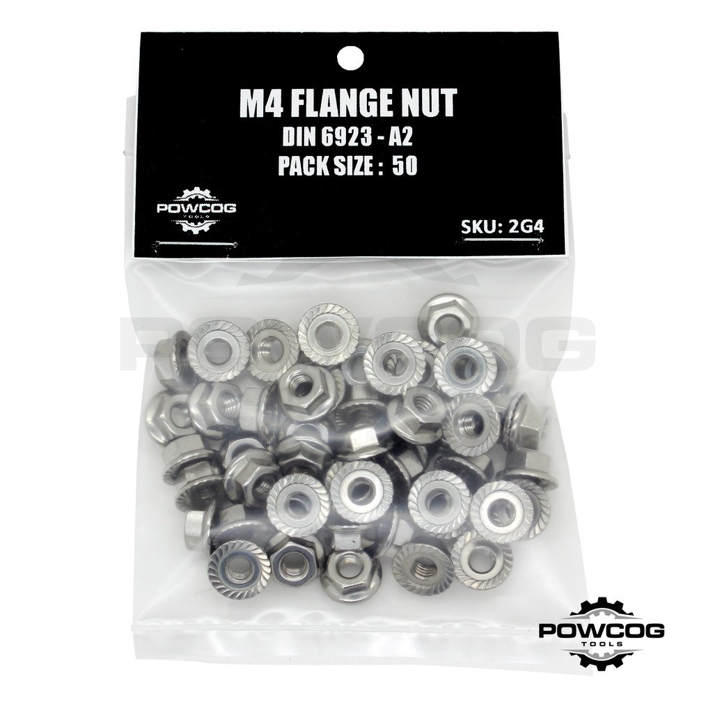M4 Serrated Flange NUT - A2 Grade 304 Stainless Steel 4mm Metric Hexagon Nuts - DIN 6923 - by POWCOG® - Pack of 50