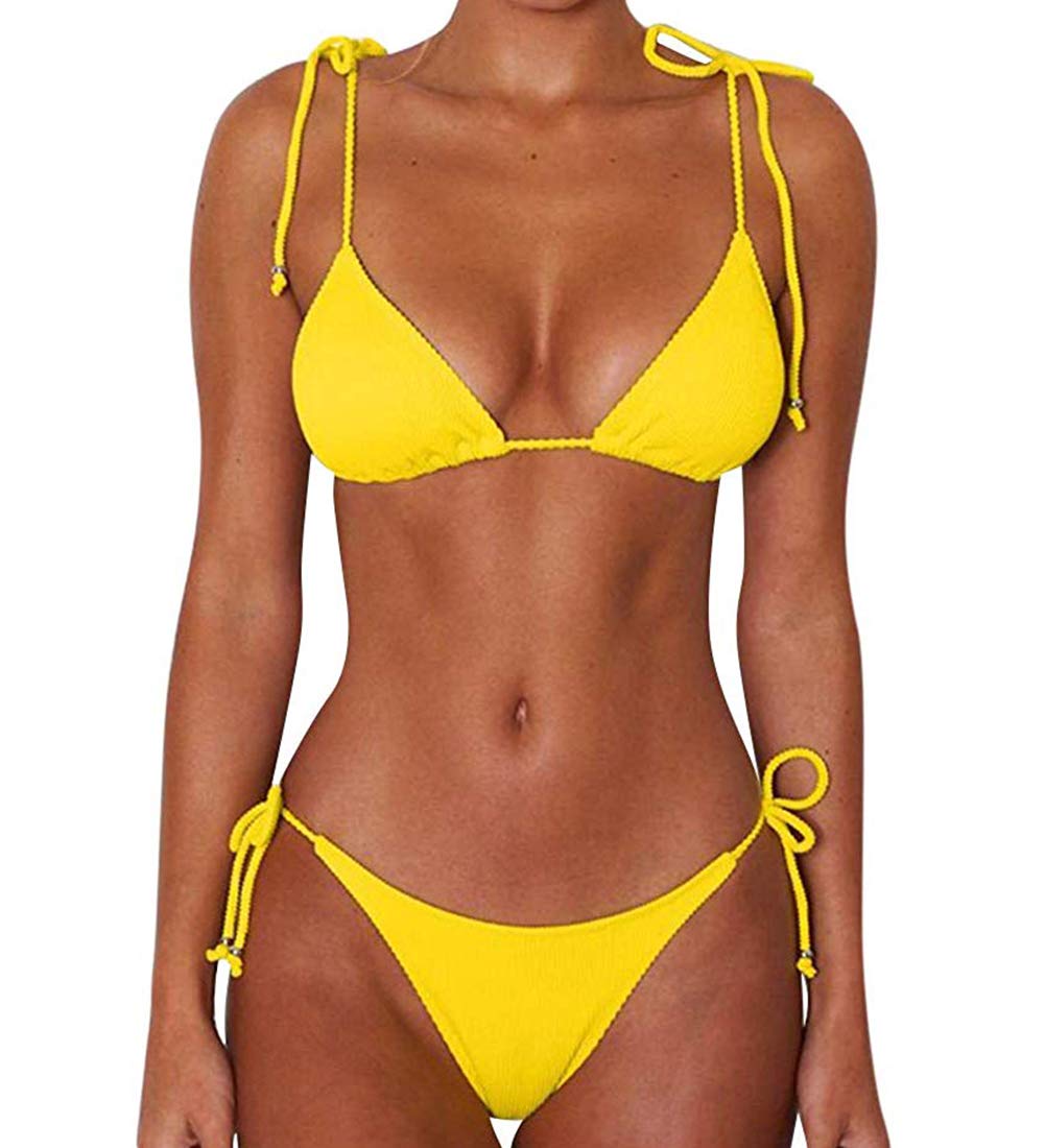 JFAN Bikini de Lazo Acanalado para Mujer Traje de Baño Brasileño con Parte Inferior Descarada